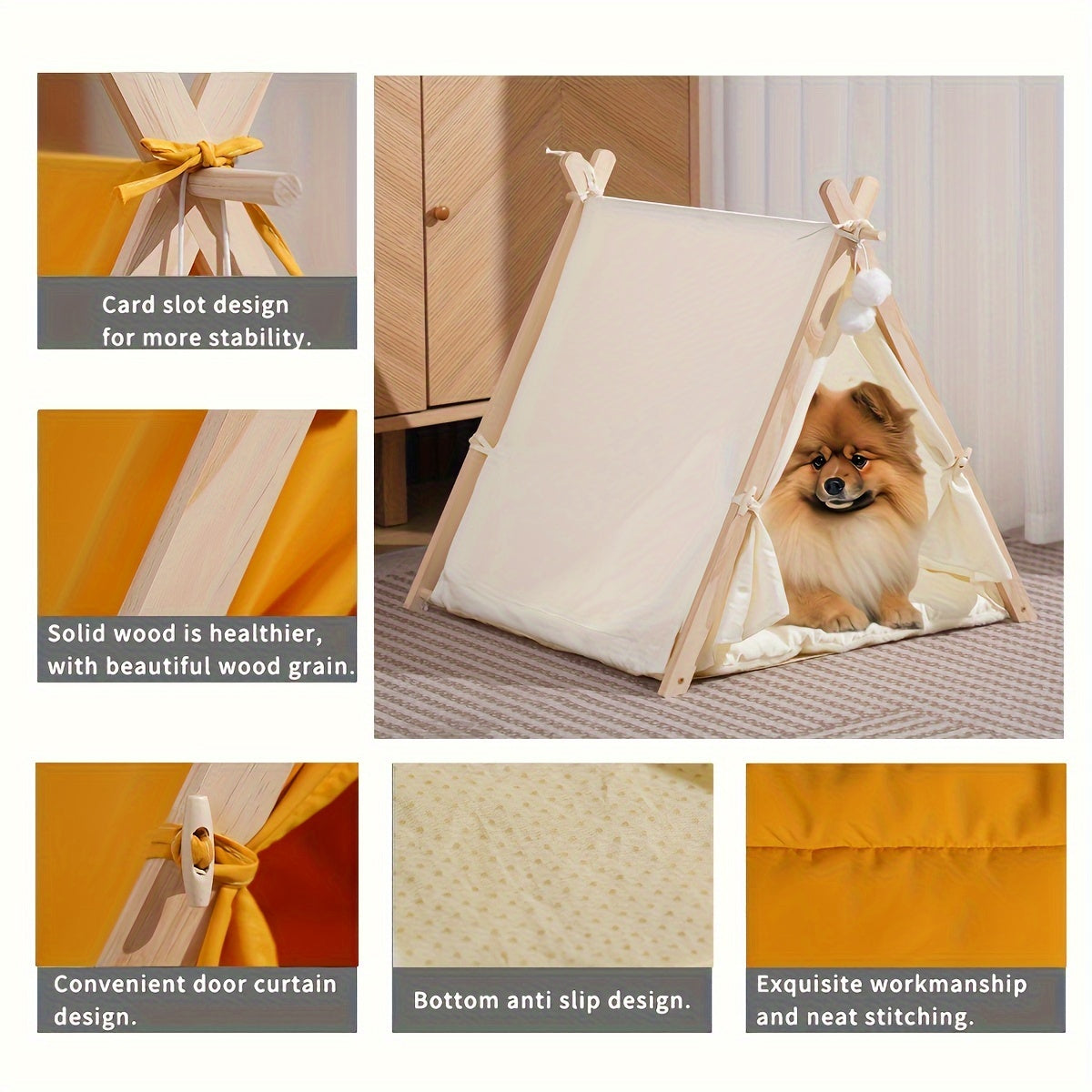 Solid Wood Frame Portable Pet Tent Kennel for Cats and Small Dogs with Comfort Cushion