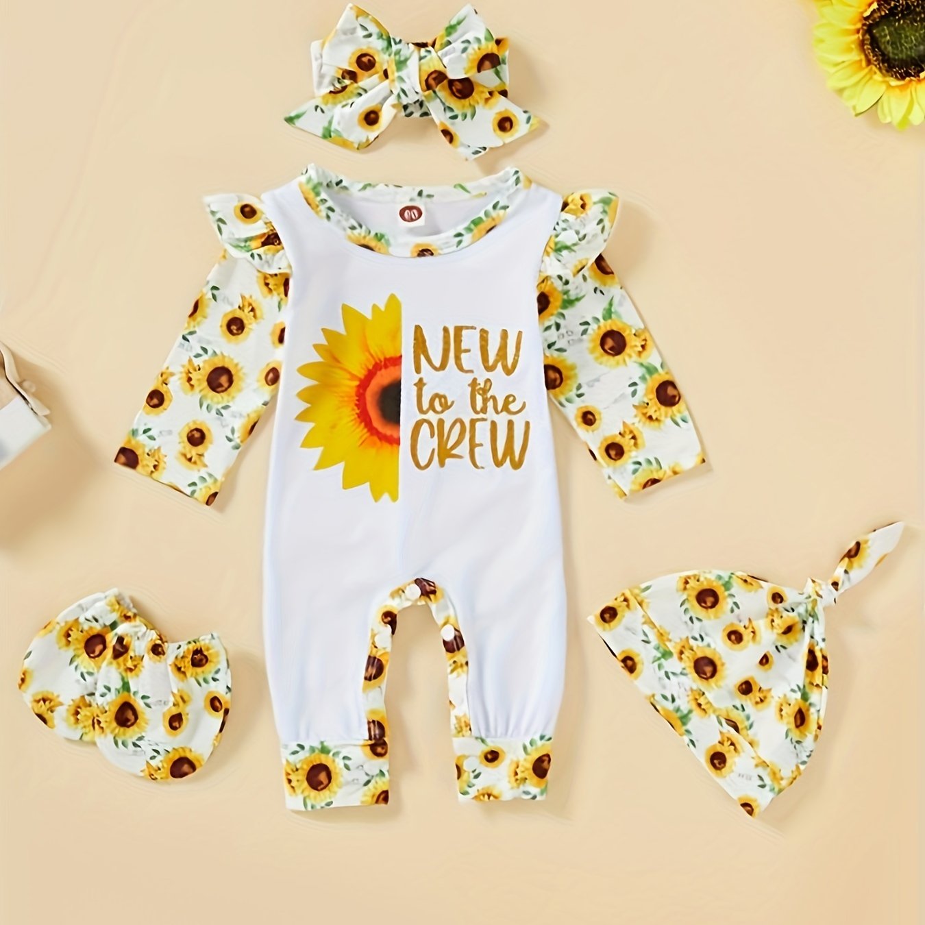 [Floral Baby Romper] Floral Newborn Baby Girl Romper | Infant Letter Print Bodysuit Jumpsuit+Hat+Headband+Gloves Coming Home Clothes Outfits