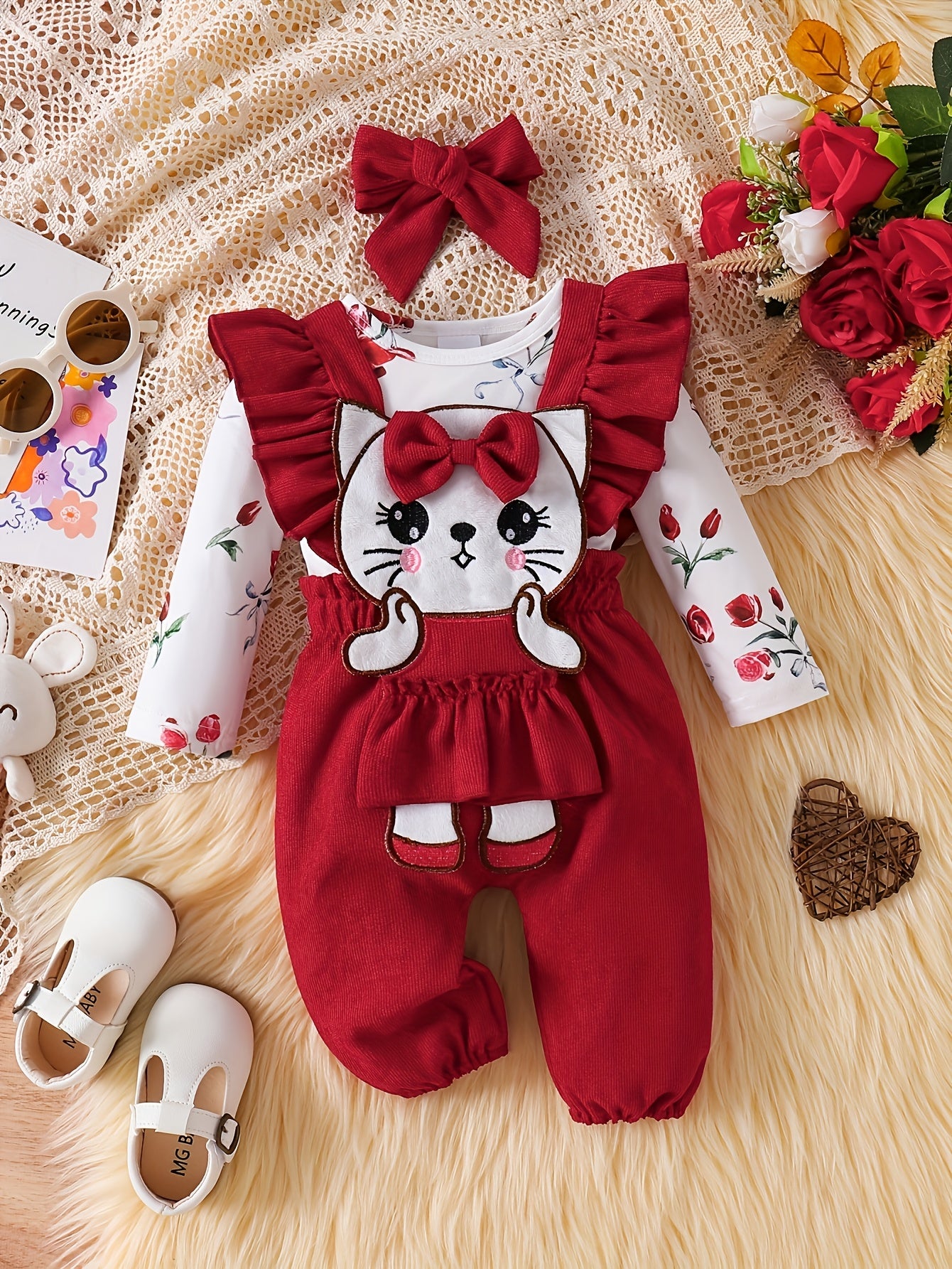 Three Piece Baby Girls Outfit Set With Floral Long Sleeve Romper Kitten Patch Jumpsuit Matching Headband Spring Autumn