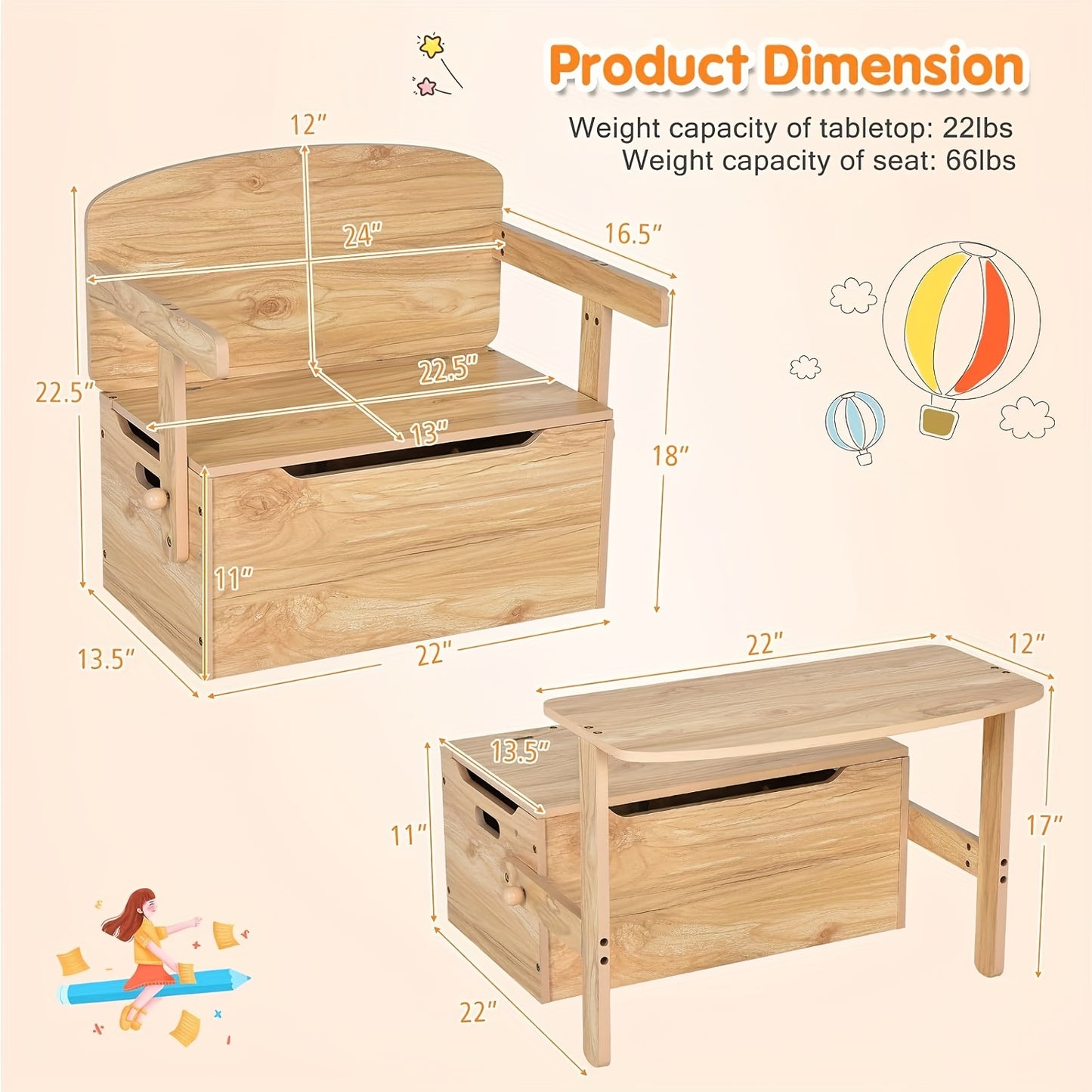 MAXMASS Natural Wood 3-in-1 Youngsters Convertible Storage Bench, Desk & Chair Set - Space-Saving Design with Ample Toy & Book Storage, Ergonomic Backrest for Comfortable Sitting - Ideal for Playrooms, Kindergartens & Home Or