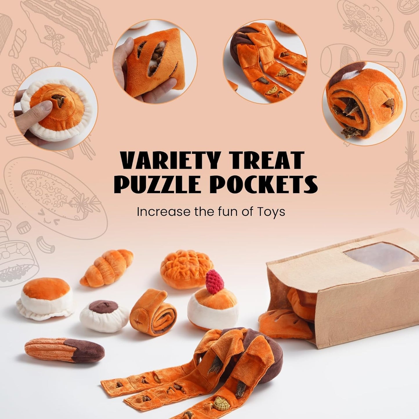 Nocciola 10 Piece Plush Bread Dog Toys Set with Crinkle Squeakers for Small Dogs