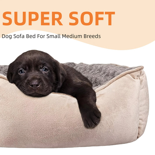 Cozy Khaki Plush Dog Bed with Non Slip Bottom Machine Washable Breathable Design