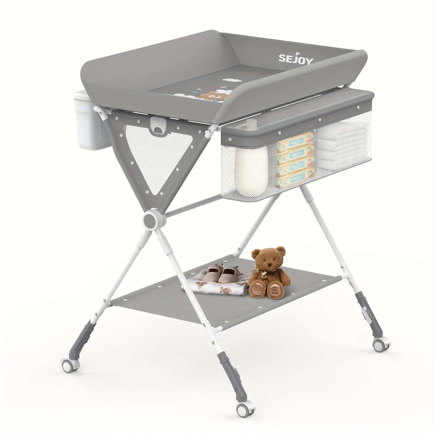 SEJOY Baby Changing Table with Wheels - Adjustable Height Folding Diaper Station, Portable Nursery Organizer & Storage Rack with Wicker Basket, Durable Metal Frame, Gray for Newborns & Infants