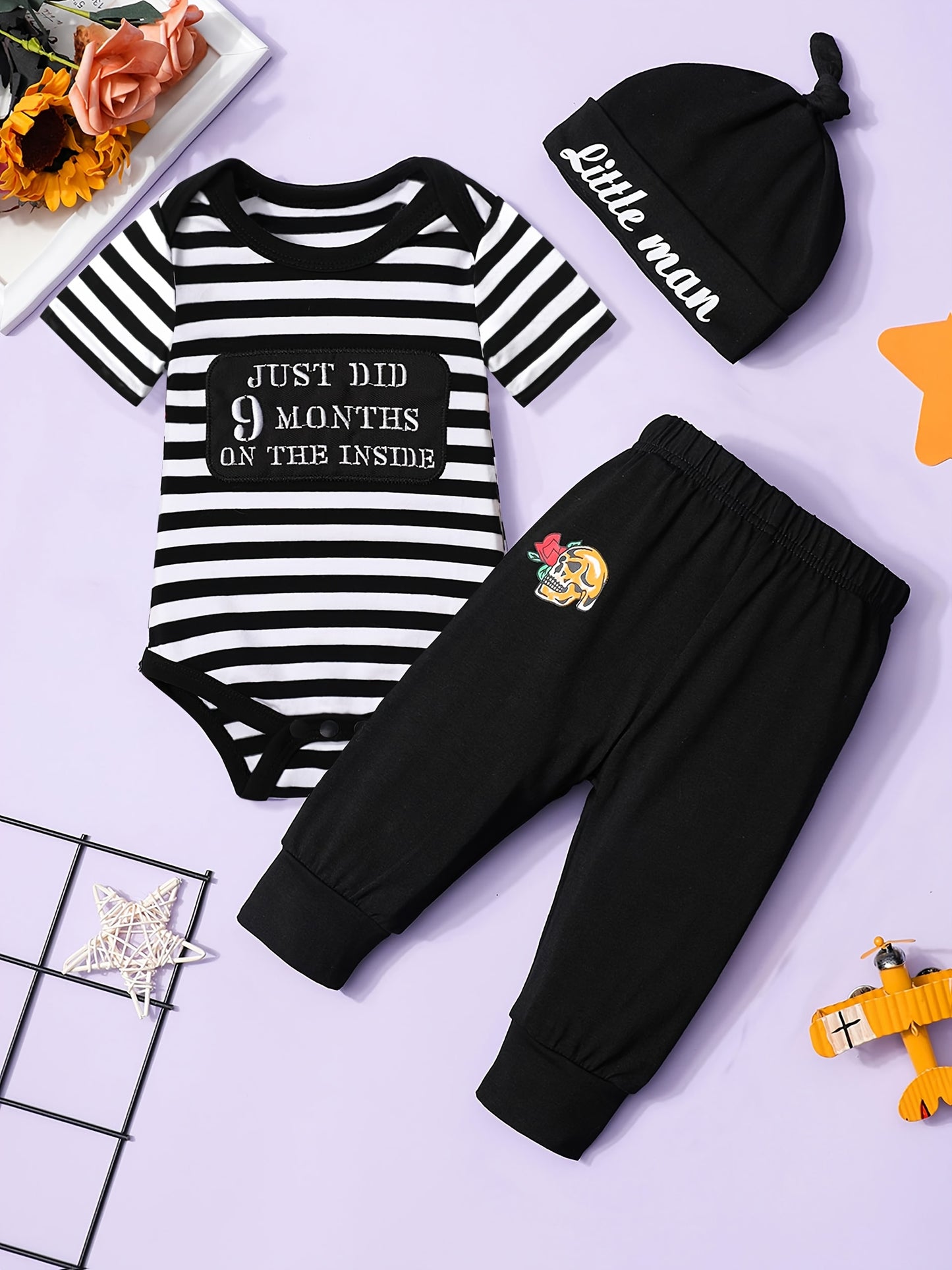 Newborn Baby Boy Tattoo Print Striped Romper Set With Black Pants Three Piece Outfit