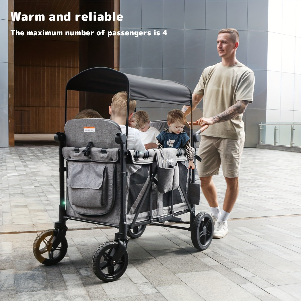 Versatile 4-in-1 Stroller Wagon with Adjustable Sun Canopy & 5-Point Harness - Perfect for Travel & Beach Outings, Suitable for Four Youngsters, Front-Facing Design, Durable Polyester Fabric, Gray/Black Color, Shock Absorptio