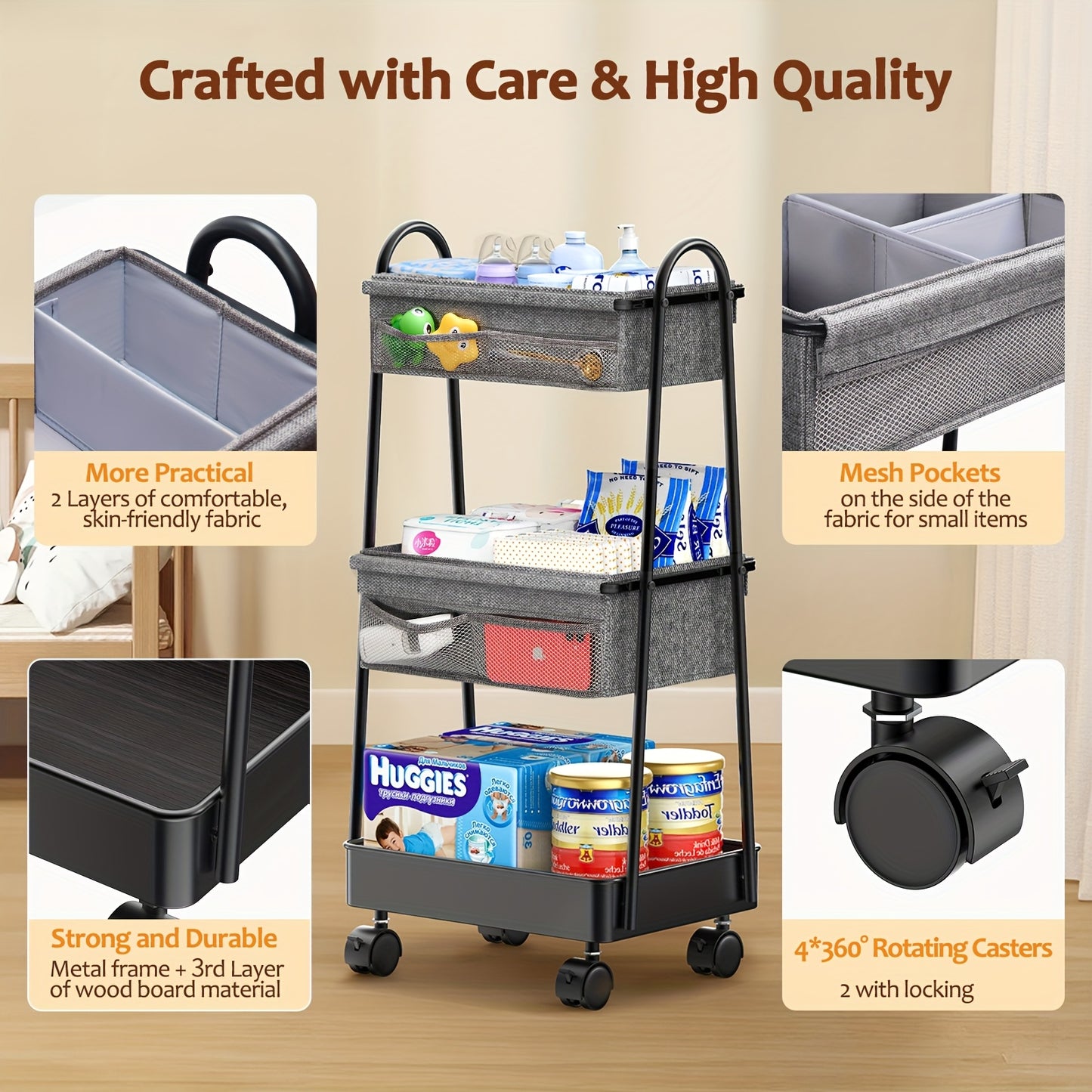 3 Tier Diaper Caddy Organizer Cart with Rolling Wheels for Nursery and Bedroom Essentials