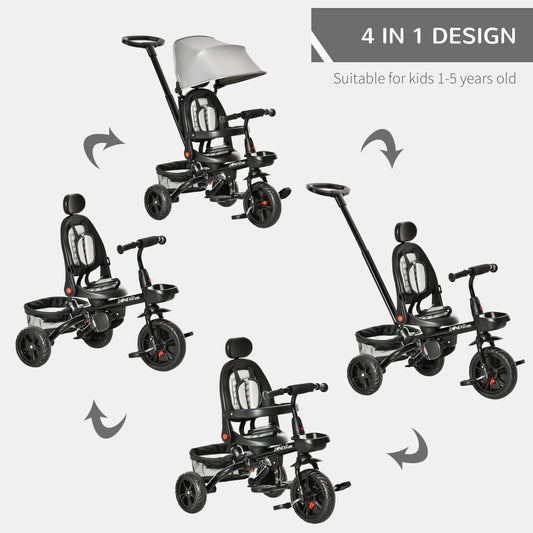4 In 1 Baby Tricycle with Reversible Seat Adjustable Canopy for Kids 1 to 5 Years Grey