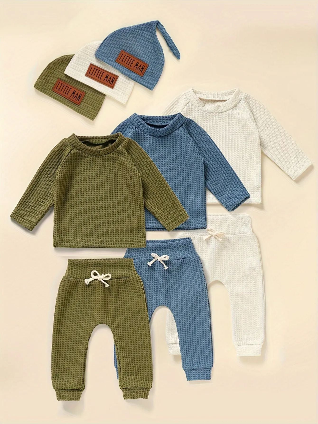 3 Set Baby Boy Clothes 9pcs Waffle Top Pants Hat Set - Loving Babies & Pets Shop