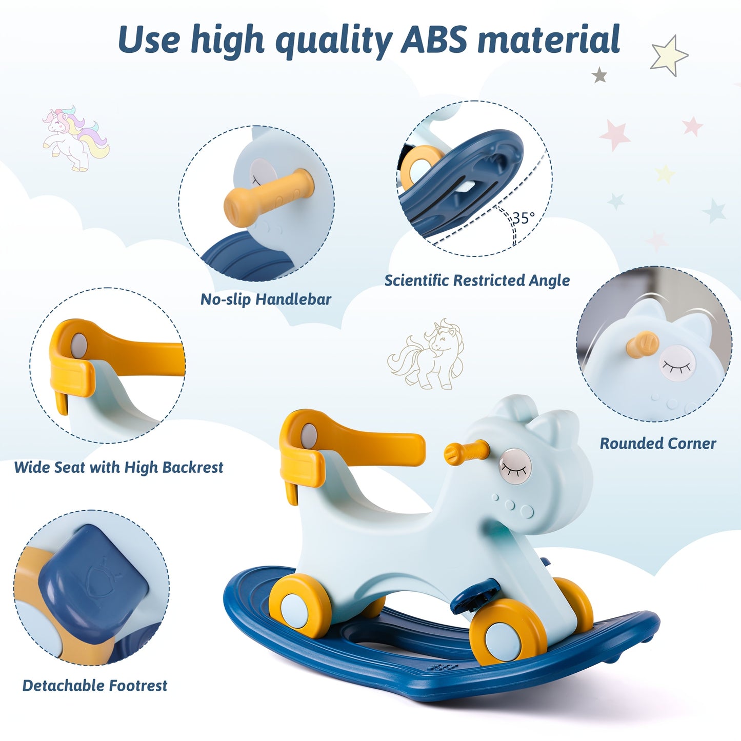 Blue 4-in-1 Rocking Horse with Safety Handle Fun Ride-On Toy for Kids Aged 1 to 3