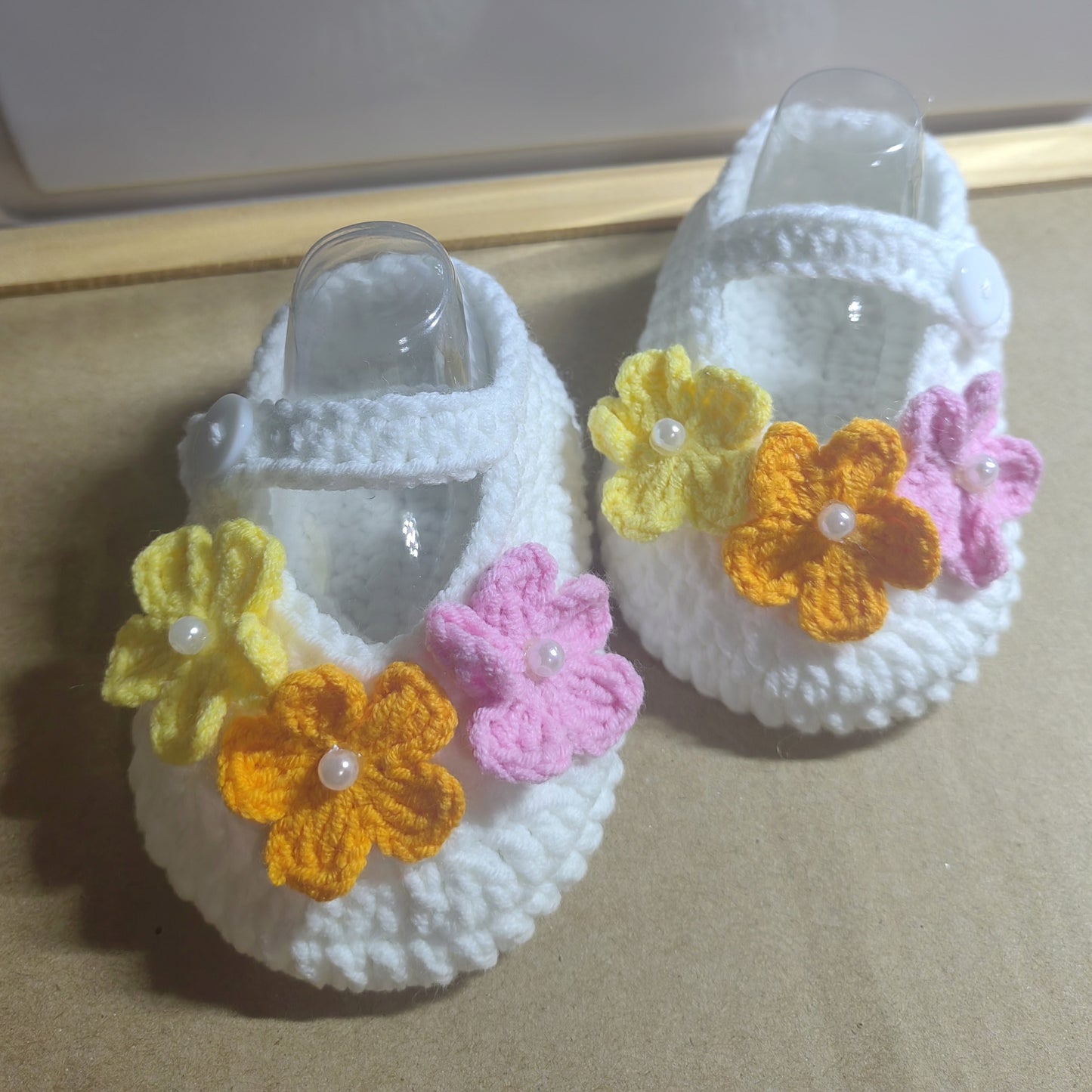 Handcrafted Crochet Baby Girl Shoes with Colorful Flower Accents - Soft Sole, Breathable Fabric, Casual Round Toe Design for Infants, Perfect for Spring/Autumn, Toddler Shoes