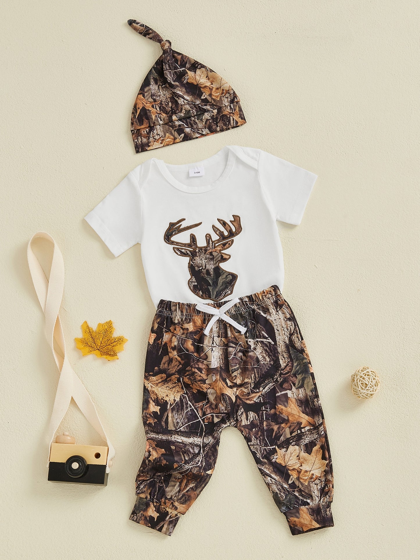 Baby Boys Summer Outfits Deer Antler Print Round Neck Short Sleeve Rompers Long Pants Hat 3pcs Clothes Set, for Outdoor
