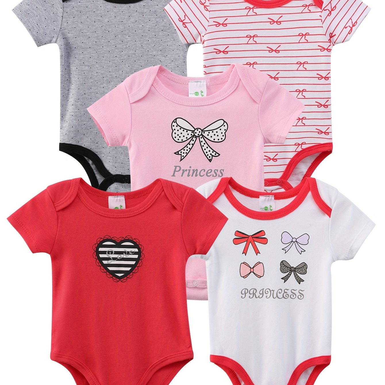 Soft Cotton Baby Girl Onesies 5 Pack Floral Heart Rompers