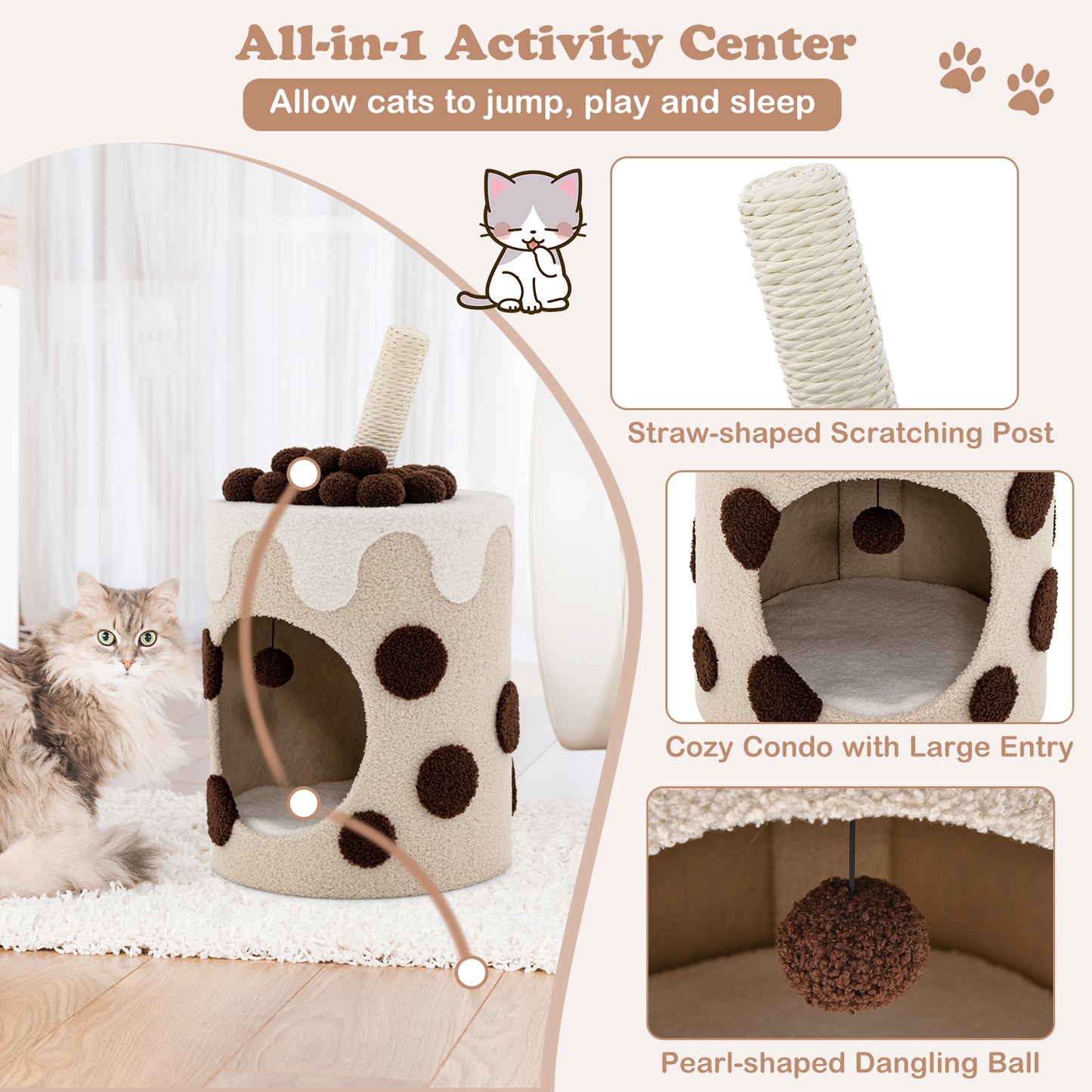 SAFSTAR Bubble Tea Cat Tree Tower with Scratching Post and Dangling Ball Toy for Cats