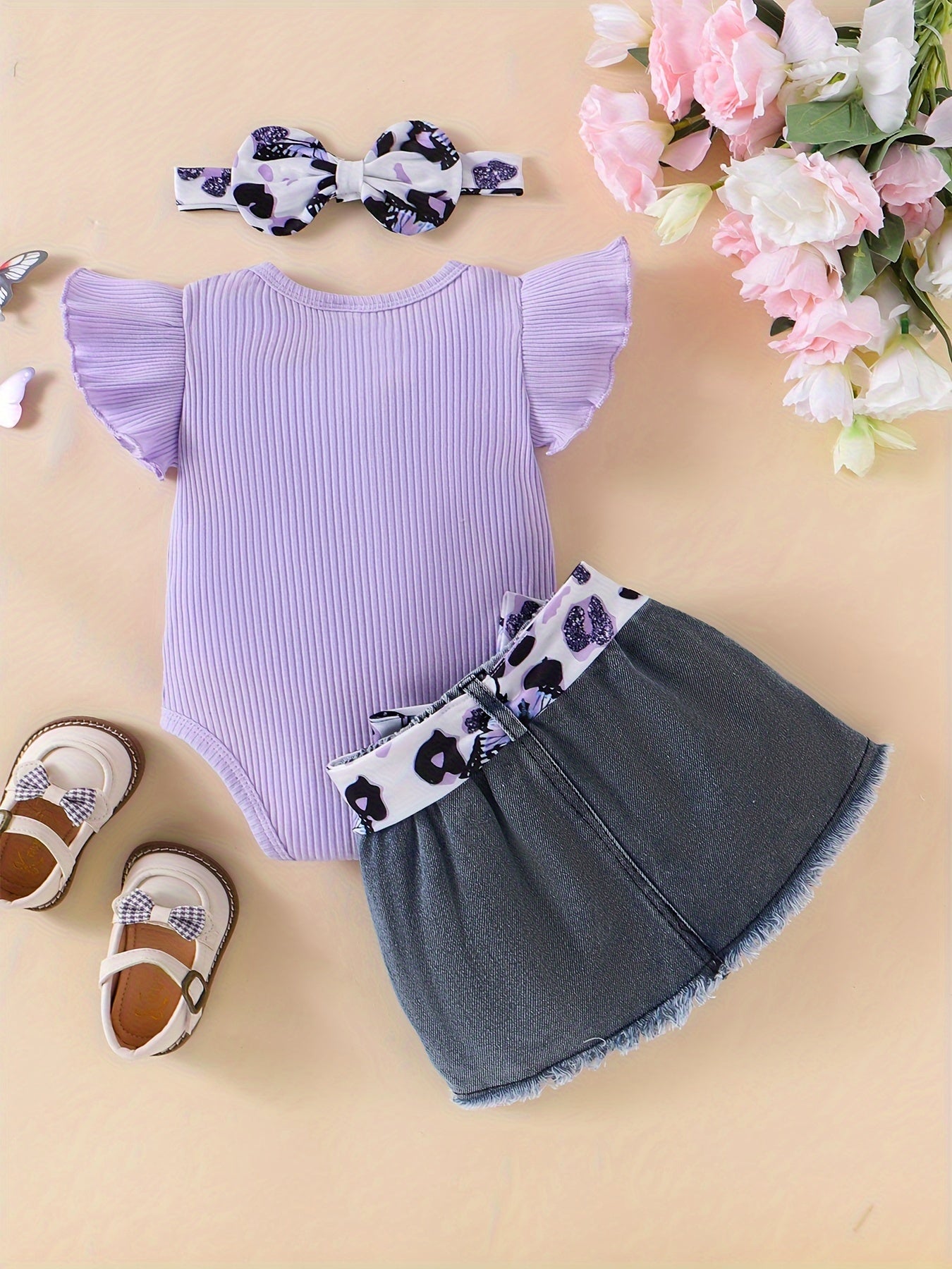 CETEPY Youngsters Girl Summer Clothes Cute Butterfly Printed Romper + Denim Skirt + Headband 3pcs Shorts Set 0-18 Months