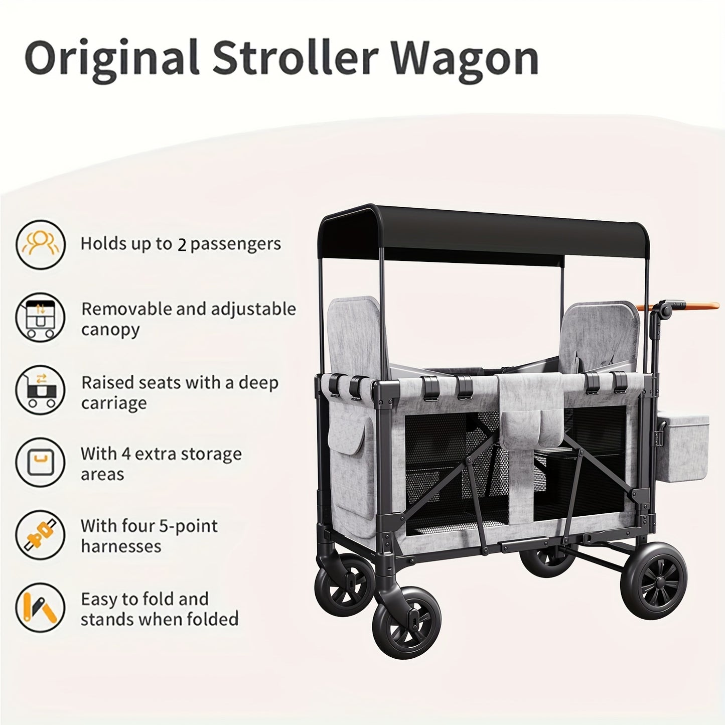 Double Stroller Wagon with 2 High Seats, 5-Point Harnesses, Adjustable Handle, and Height Adjustable Canopy for UV Protection