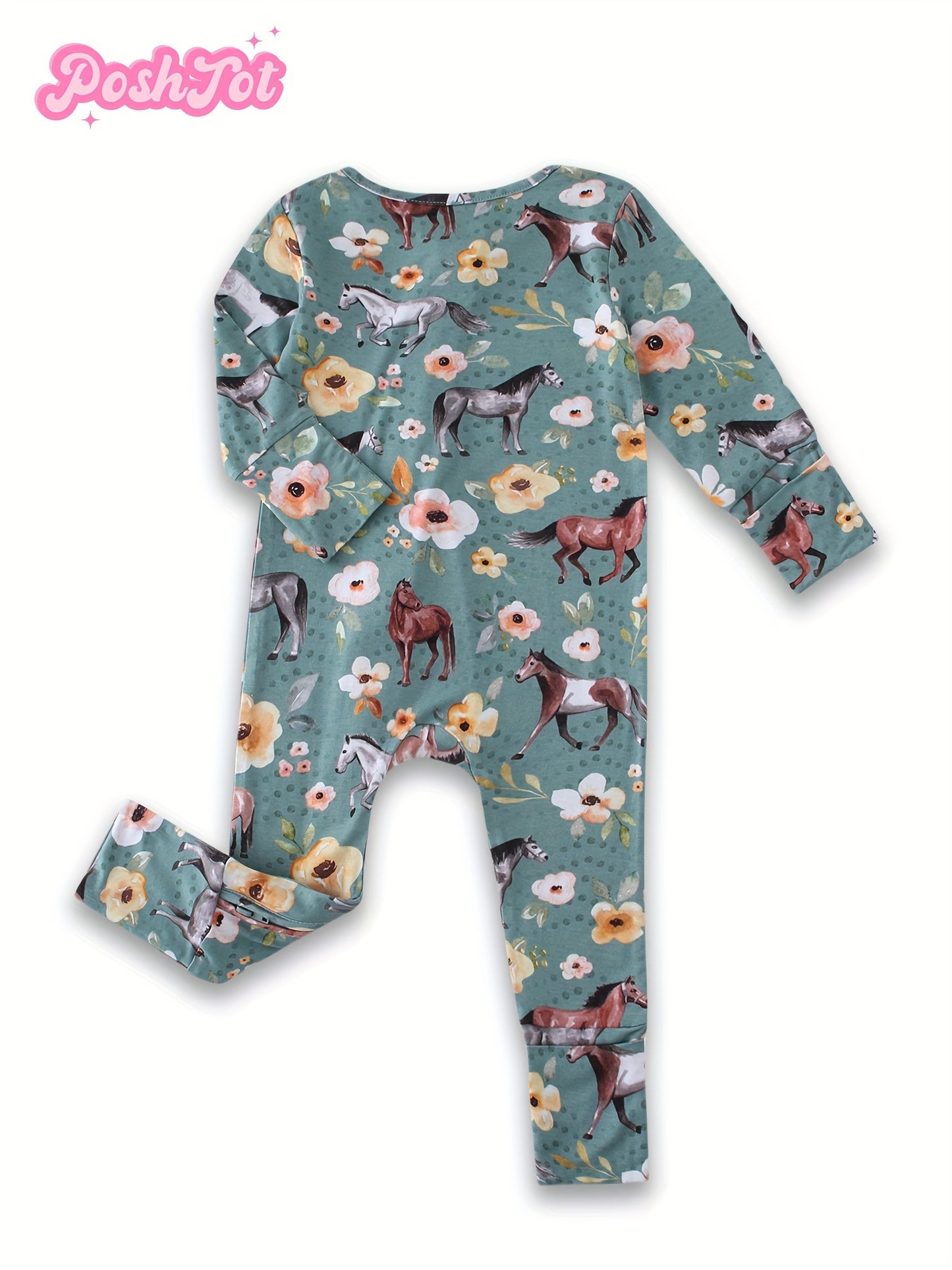 Ship From US, POSHTOT Mustang Print Bamboo Fiber Breathable Bamboo Fiber Baby Long Sleeve Pants Tights. Comfortable Fit, Cute, Baby Two-way Zip-up Onesie with Folding Feet And Mittens for Ages 0-2. Casual Outdoor Jumpsuit for