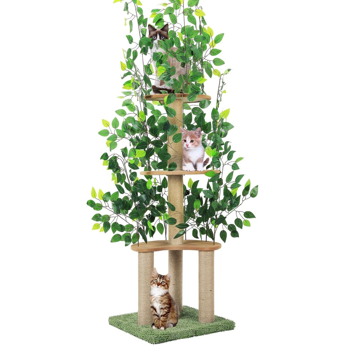 60 Inch Tall Cat Tree with Leaves Multilevel Scratching Post and Hideaway for Indoor Cats