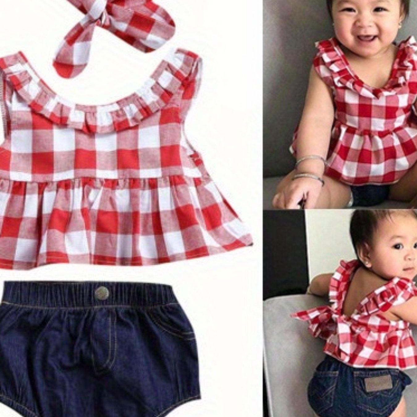 3pcs Baby Girls Summer Outfits Red and White Plaid Sleeveless Top and Denim Shorts Set with Headband, Perfect for Outdoor