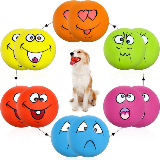 12pcs Colorful Squeaky Dog Chew Balls with Emoticons for Interactive Puppy Training
