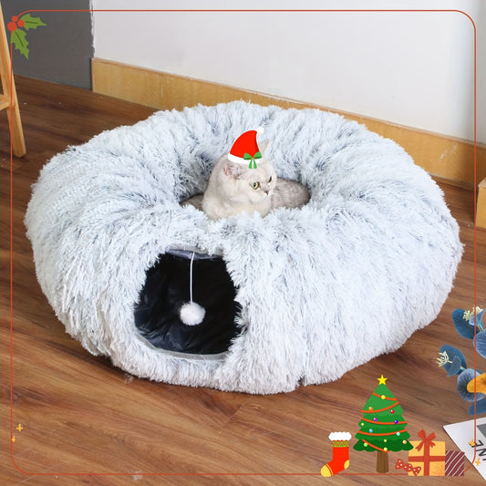 Christmas Gift Cat Tunnel with Soft Plush Bed Multifunctional Playground for Cats and Kittens
