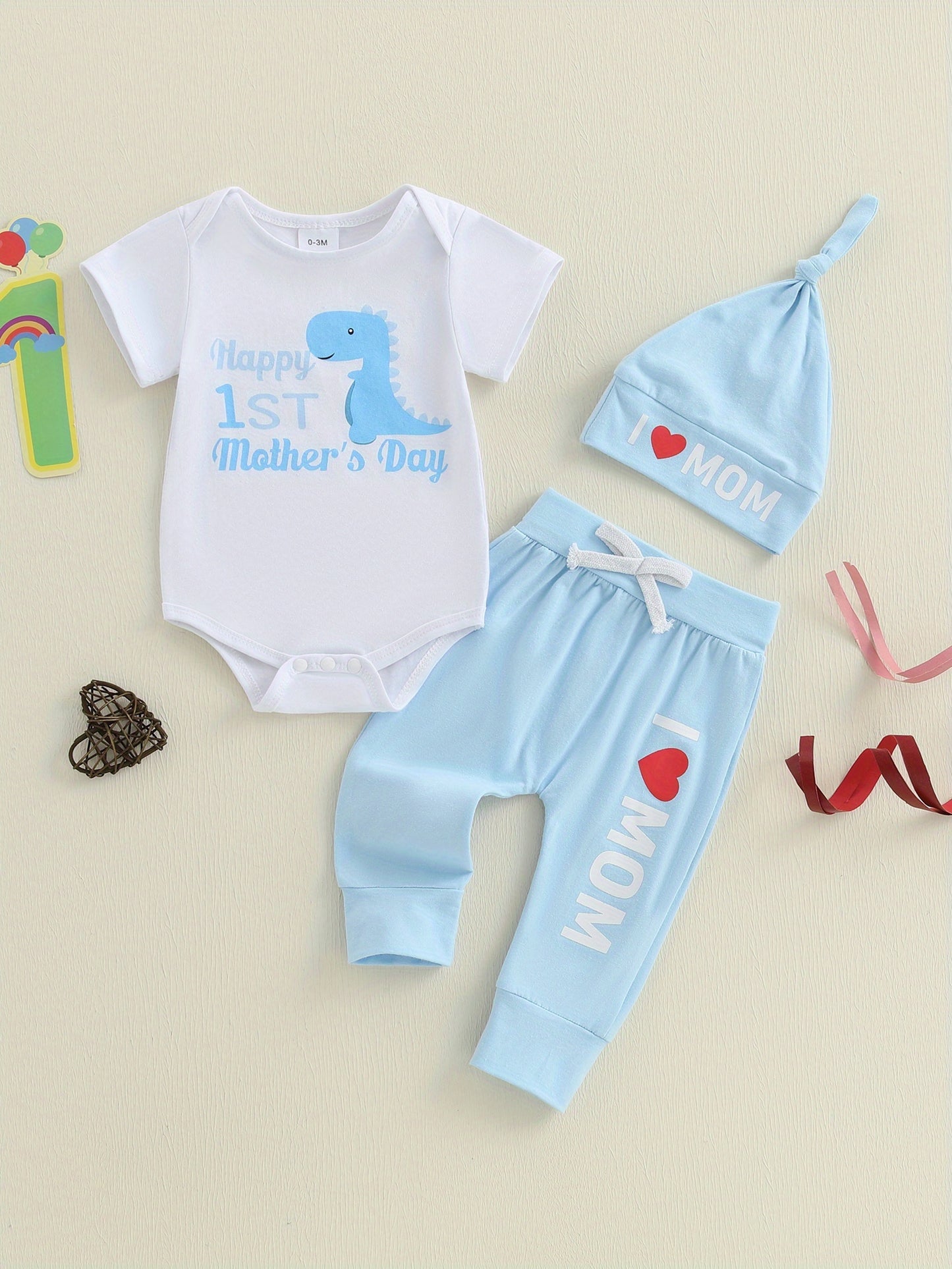 3pcs Newborn Baby Summer Outfit Dinosaur Elephant Romper Long Pants Hat Set