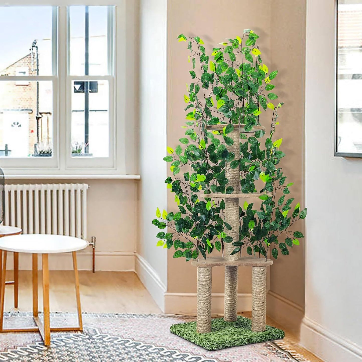 60 Inch Tall Cat Tree with Leaves Multilevel Scratching Post and Hideaway for Indoor Cats