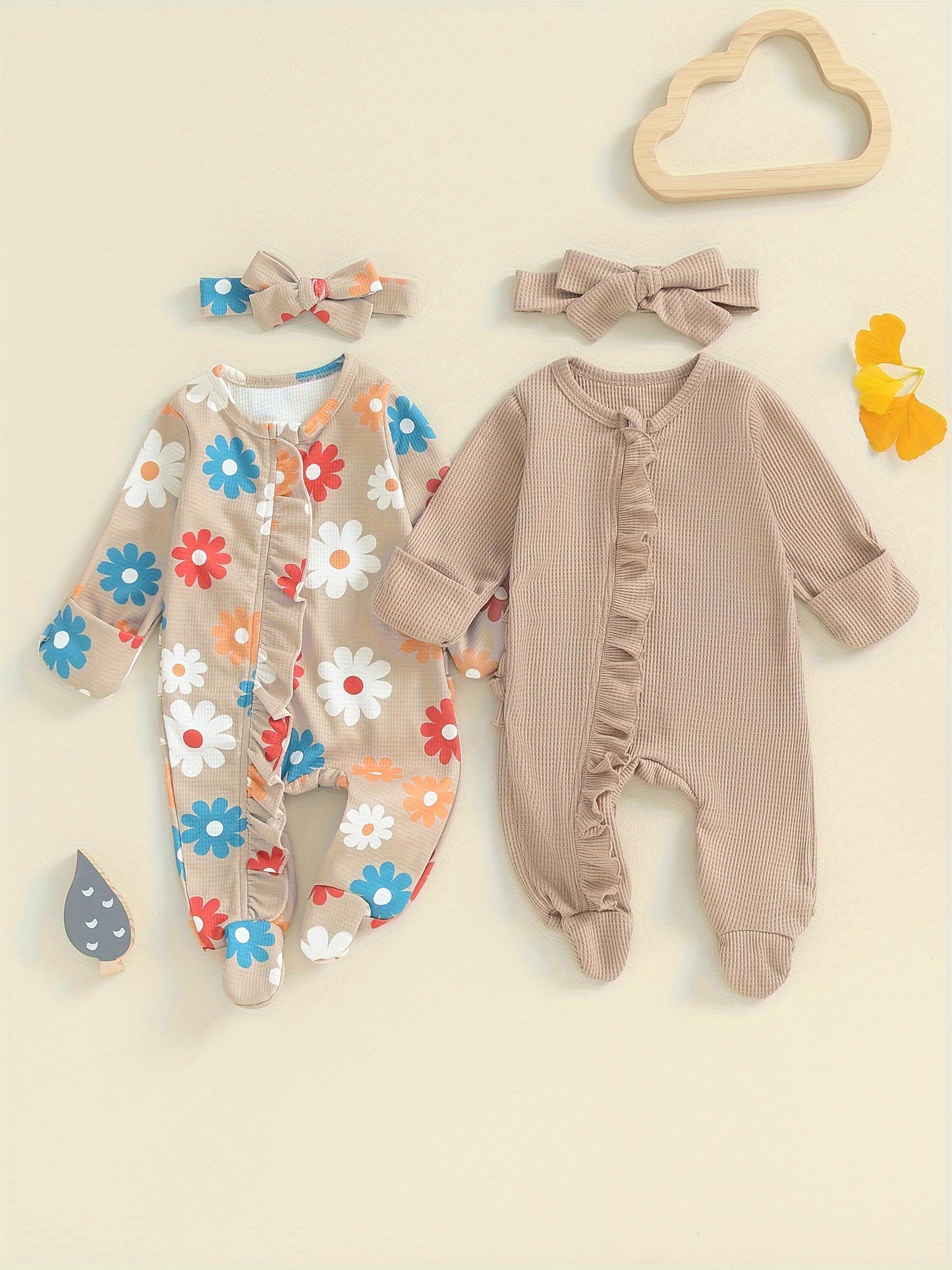 Baby Girls Long Sleeve Frills Jumpsuit Headband Footies