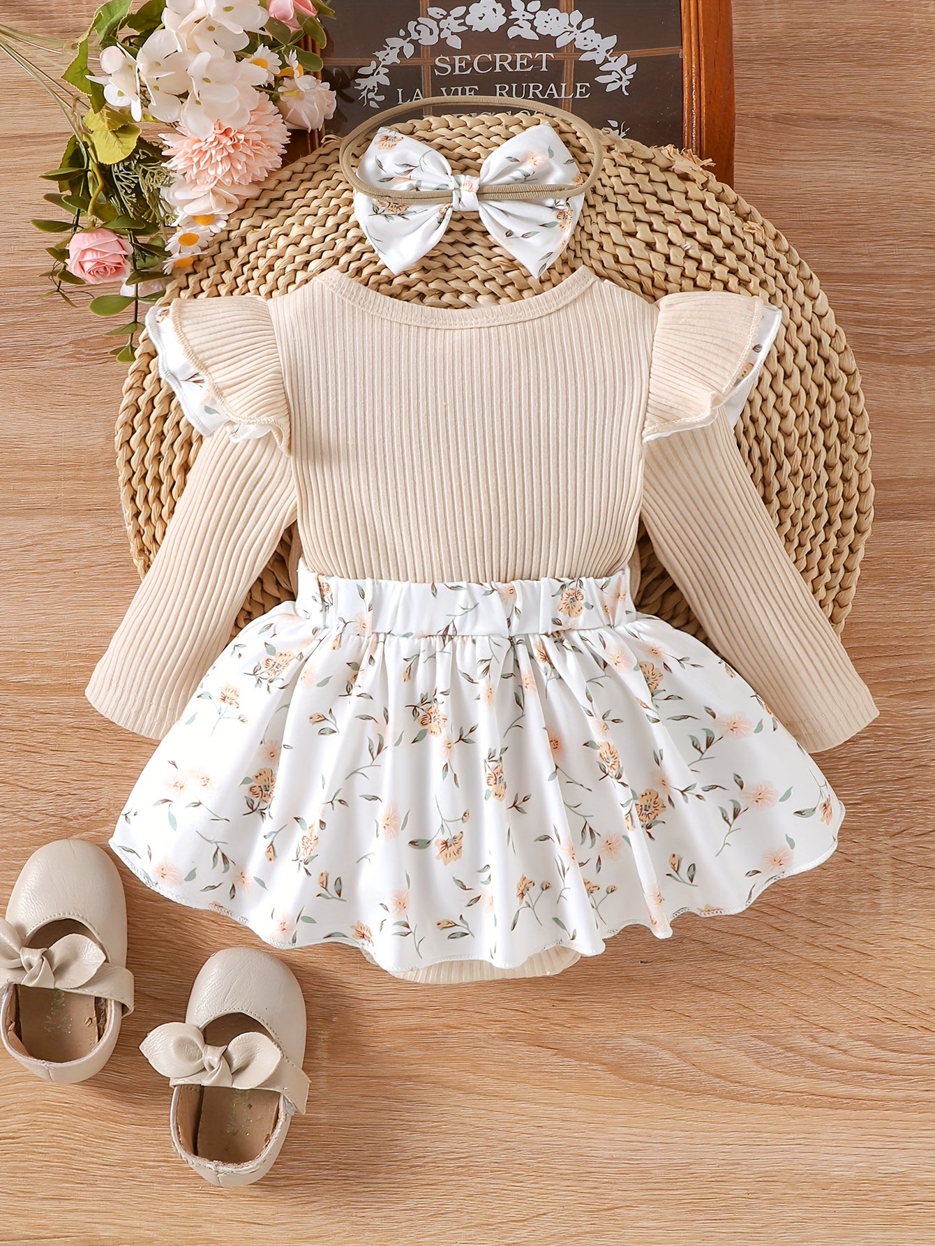Floral Soft Knit Baby Bodysuit With Matching Headband Set