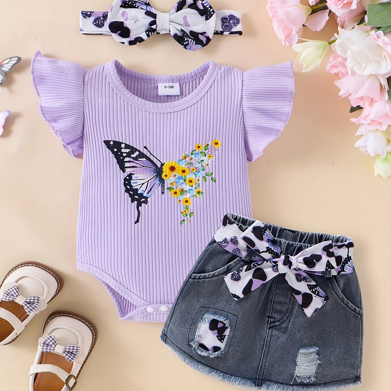 CETEPY Youngsters Girl Summer Clothes Cute Butterfly Printed Romper + Denim Skirt + Headband 3pcs Shorts Set 0-18 Months