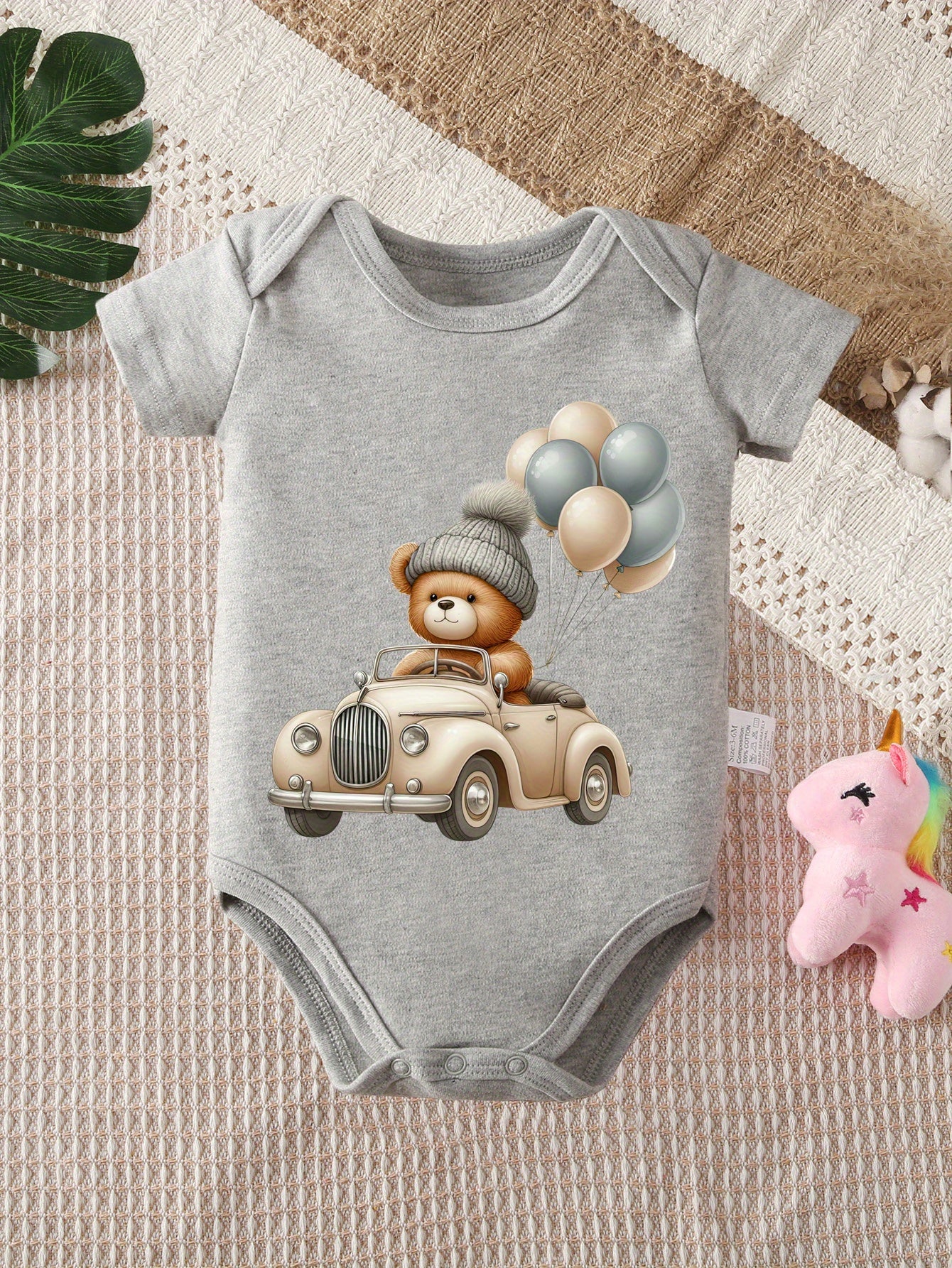 Soft Cotton Cartoon Bear and Balloons Print Short Sleeve Onesie for Infants 0-12 Months