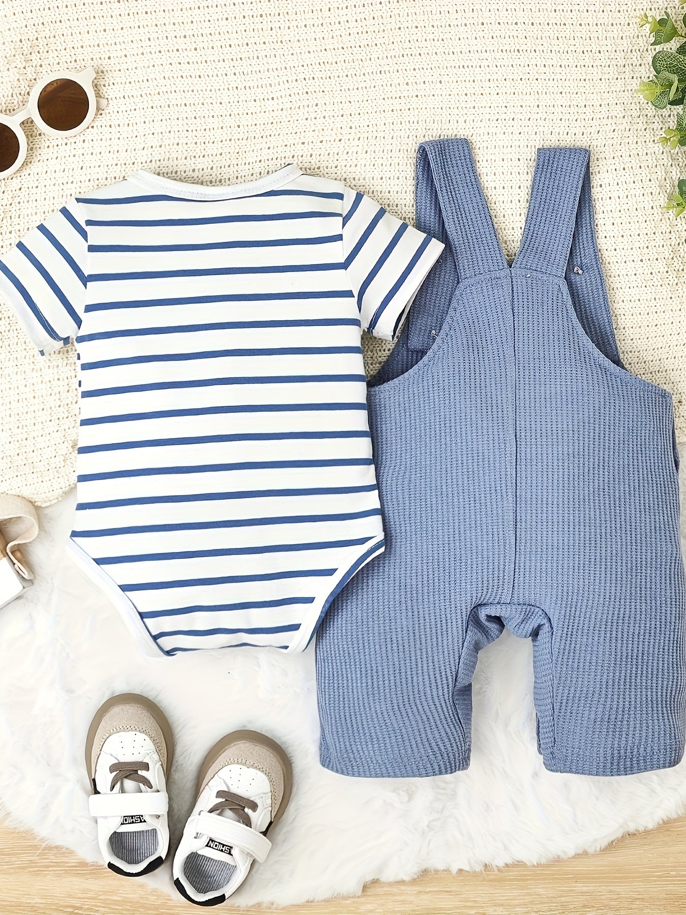 Baby Boy Summer Outfit Striped Romper with Cute Cartoon Dog Overall Pants Set 0-18 Months