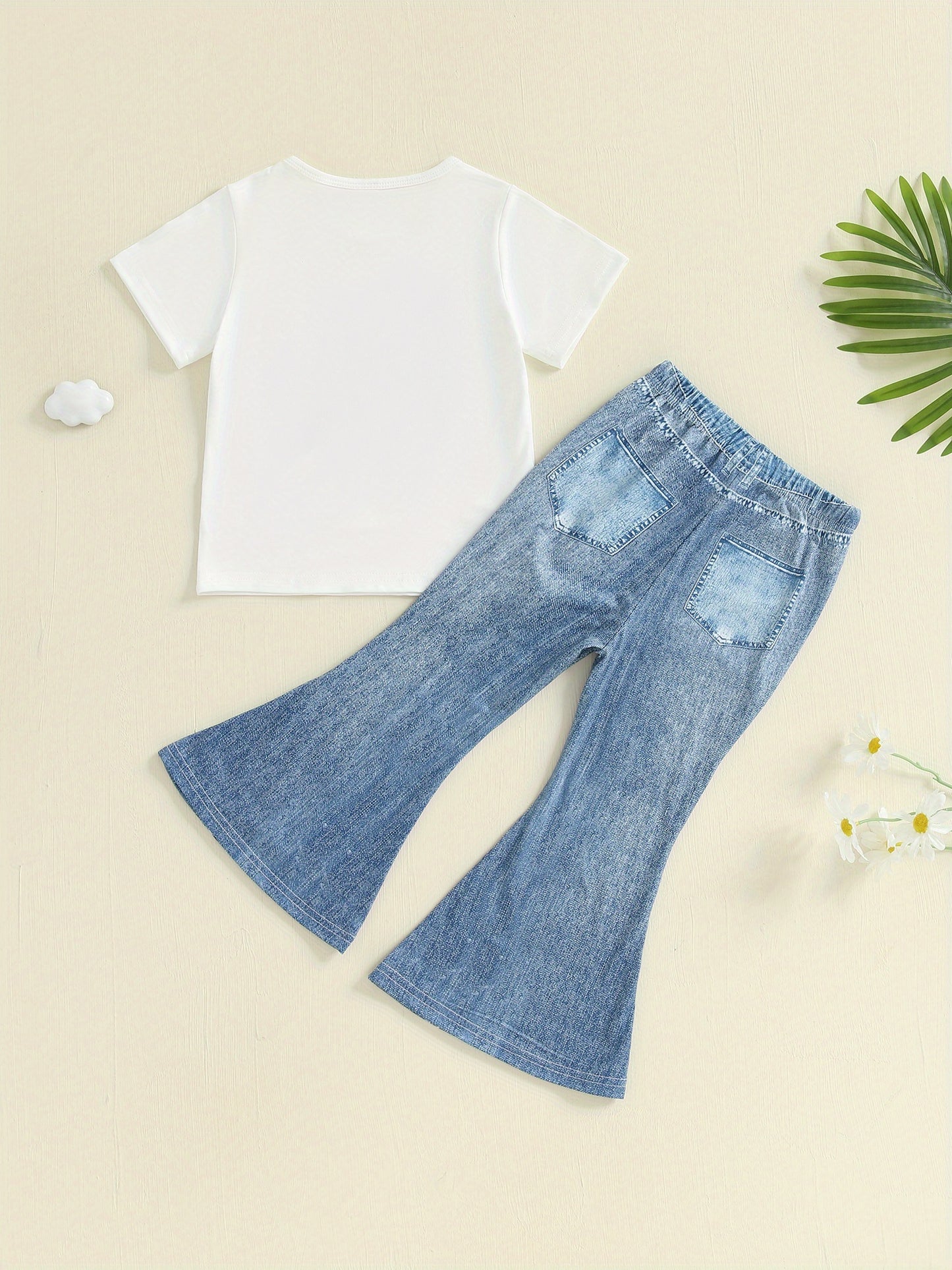 Little Toddler Girl Summer Outfit Butterfly Pattern Crew Neck Short Sleeve T-Shirt and Denim Bell Bottoms 2pcs Set, Perfect for Outdoor