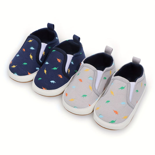 Infant Baby Boys Girls First Walker Sneakers - Soft Anti-Slip Rubber Sole, Slip-On Canvas Shoes with Cartoon Patterns (Navy/Beige/Gray) for Newborn Toddlers 0-18 Months, Breathable Fabric Lined Interior, Casual Baby Footwear