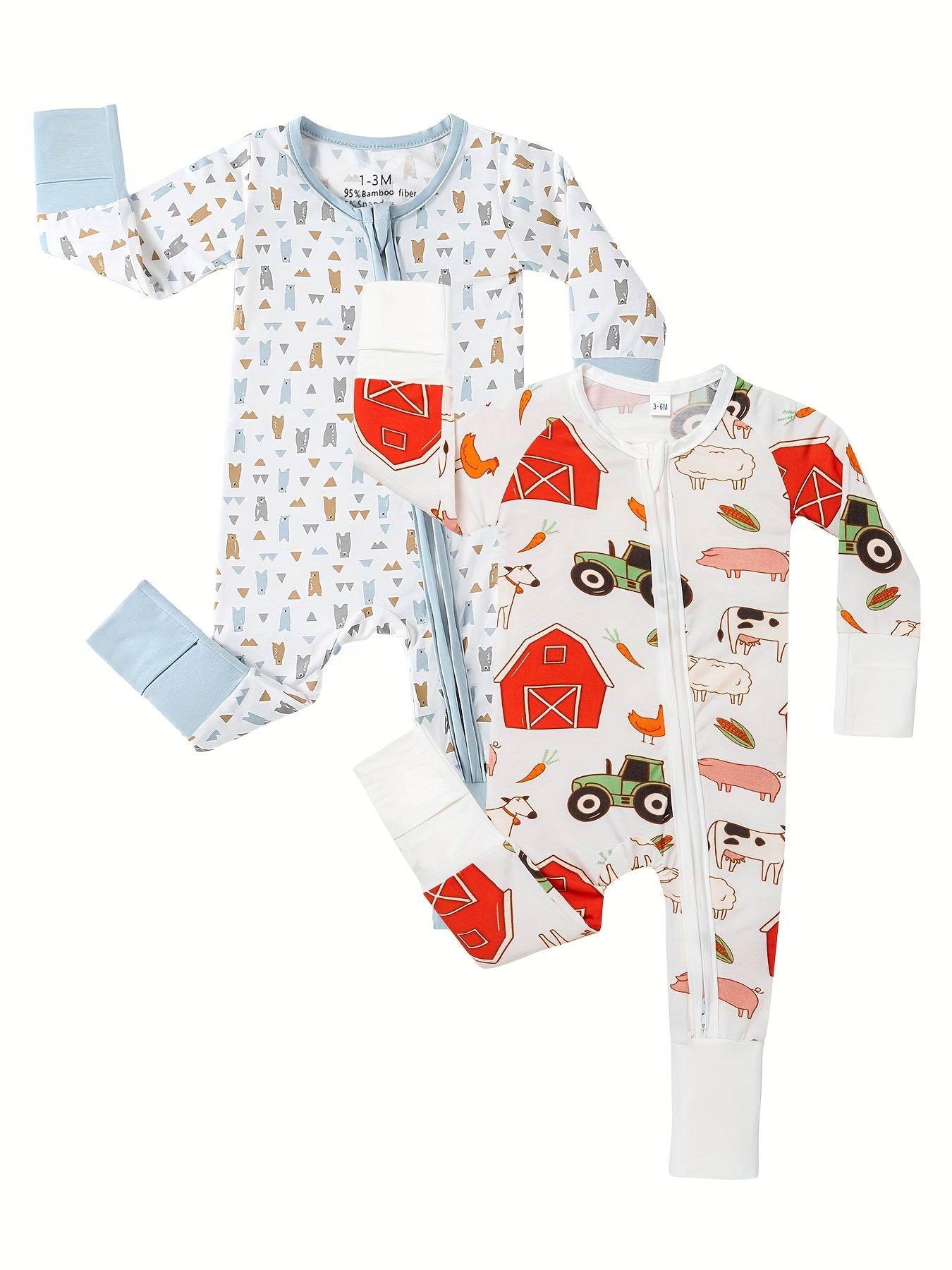 Bamboo Baby Bear Farm Print Romper Sleeper with Mitten Cuffs Feet Cuff Newborn Boy Girl And Play with Anti Grips Bottom Feet, for Outdoor