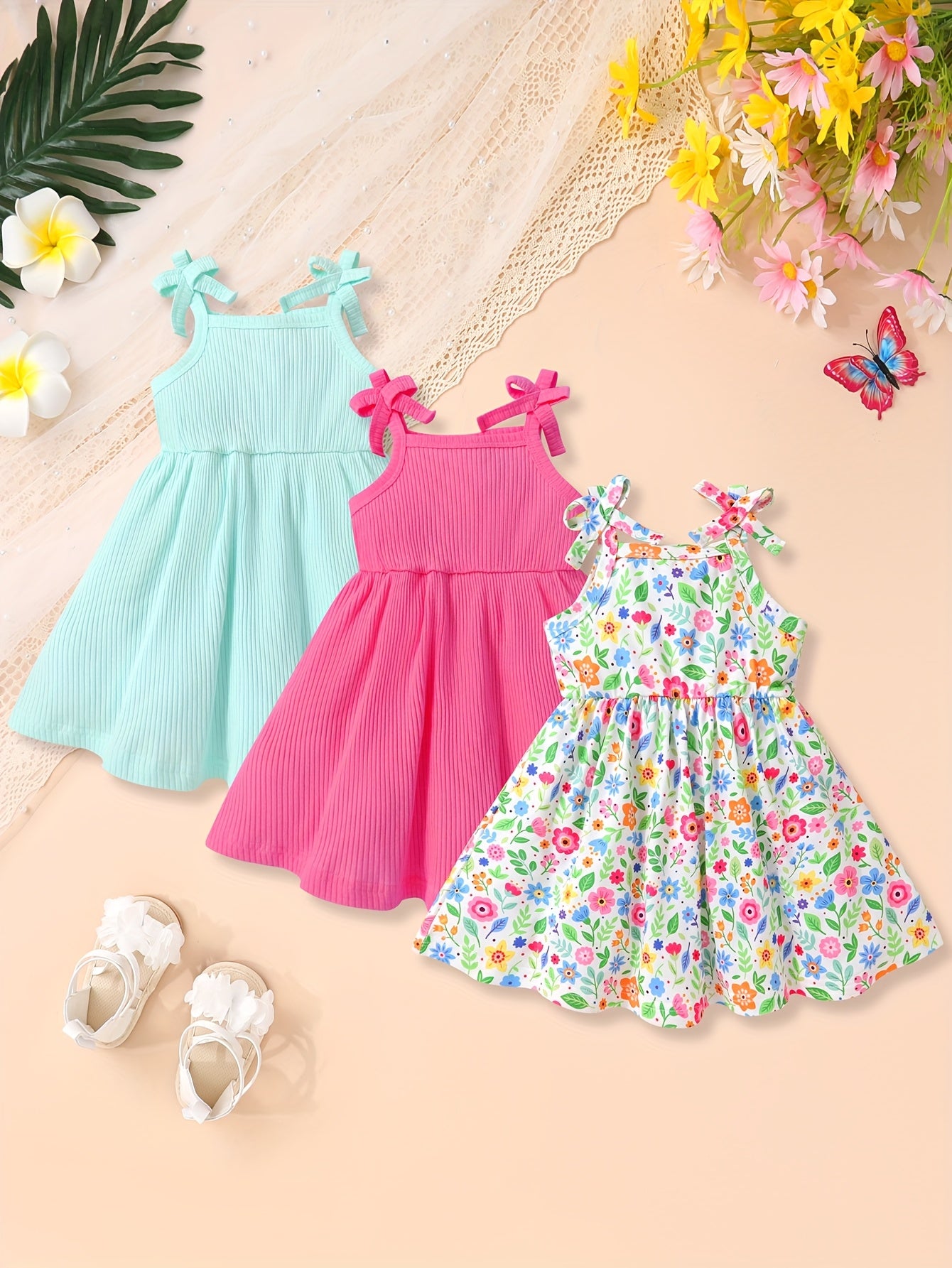 3pcs Soft, Breathable, Comfortable And Cute Baby Girl Solid Color Ribbed And Full Body Floral Print Bow Suspender Princess Dress Set