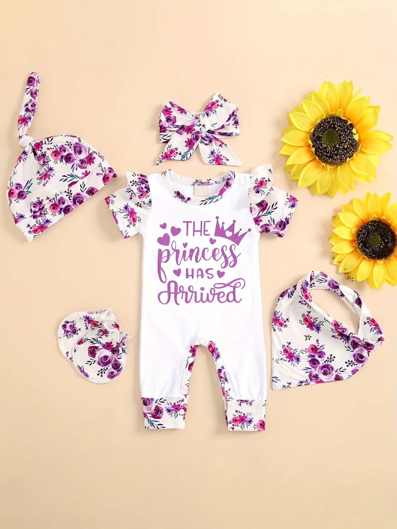 [Floral Baby Romper] Floral Newborn Baby Girl Romper | Infant Letter Print Bodysuit Jumpsuit+Hat+Headband+Gloves Coming Home Clothes Outfits
