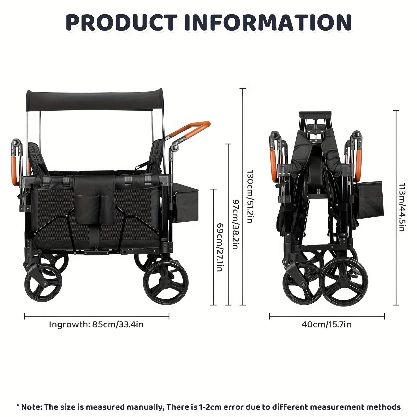 Luxury Foldable Stroller Wagon with Adjustable Canopy - Black/Gray, Durable Iron Frame, Polyester Fabric, 5-Point Harness, Dual Installation, Ideal for Outdoor Adventures, Supports Up to 55 lbs, Wagon Stroller, SERLD