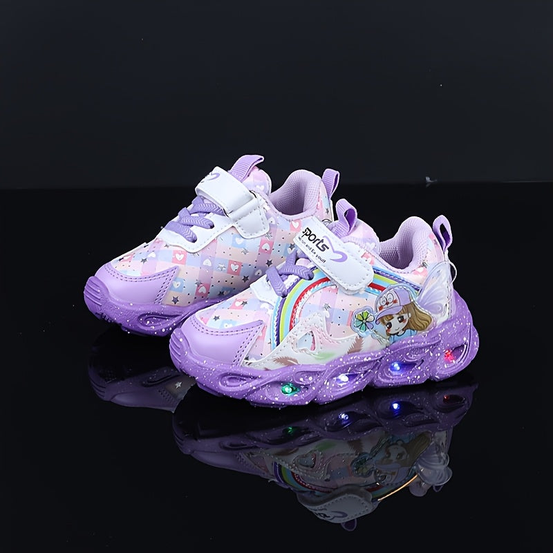 Girls Cute Cartoon Print LED Running Shoes for Toddlers and Youngsters Light Up Sports Shoes
