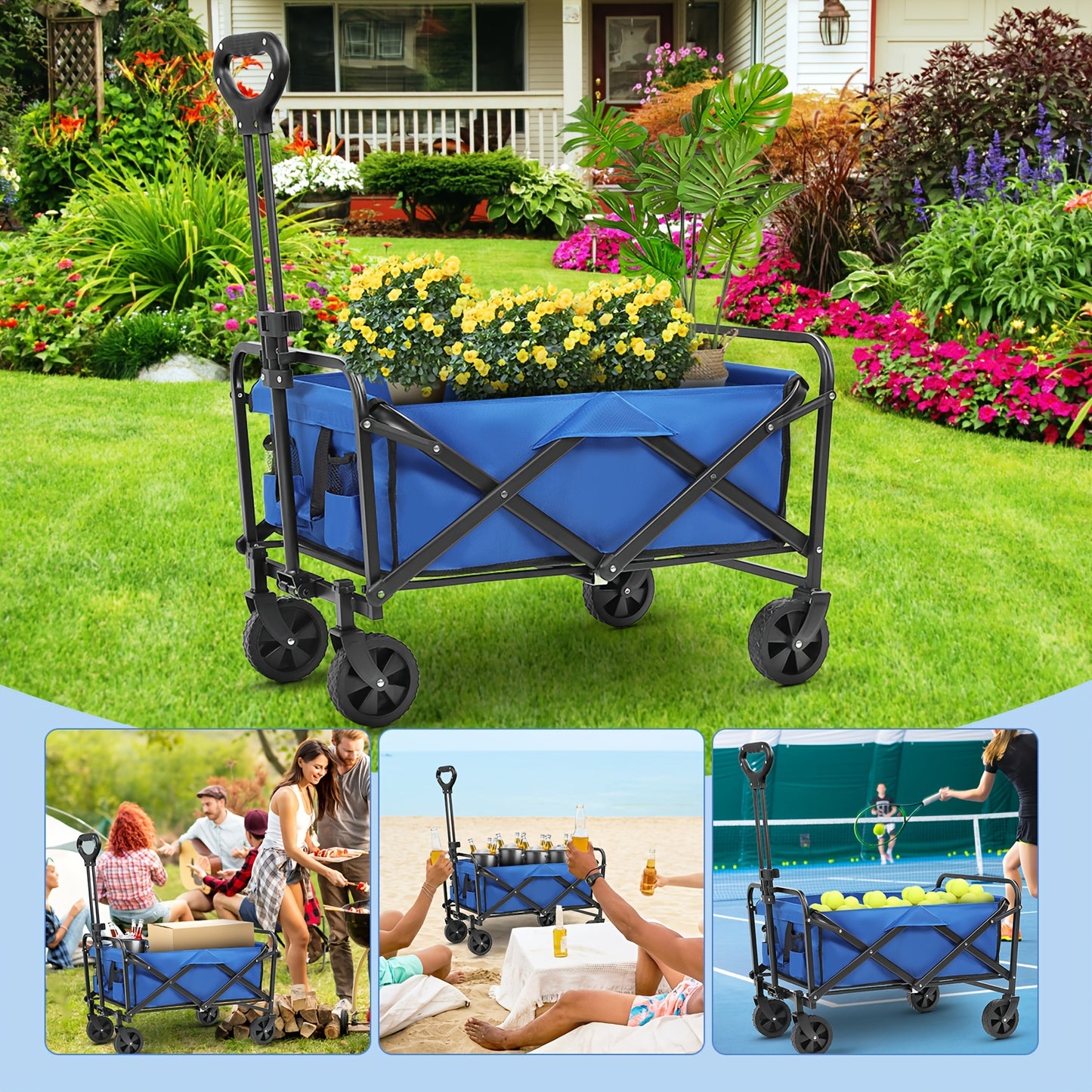 YSIATN Collapsible Folding Wagon Cart - 350LBS Capacity, 50L Large Capacity, 4 All-Terrain Wheels, 360° Rotating Front Wheels, 600D Oxford Fabric, Compact Fold & Portable for Beach, Camping, Shopping, Pet Stroller, Large Fol