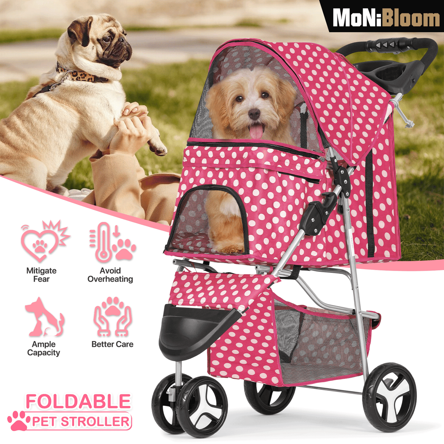 MoNiBloom Foldable Dog Strollers for Small Dogs with Weather Cover, 3 Wheels Pet Strolling Cart for Dogs and Cats with Storage Basket and Cup Holder, Breathable and Visible Mesh for All-Season