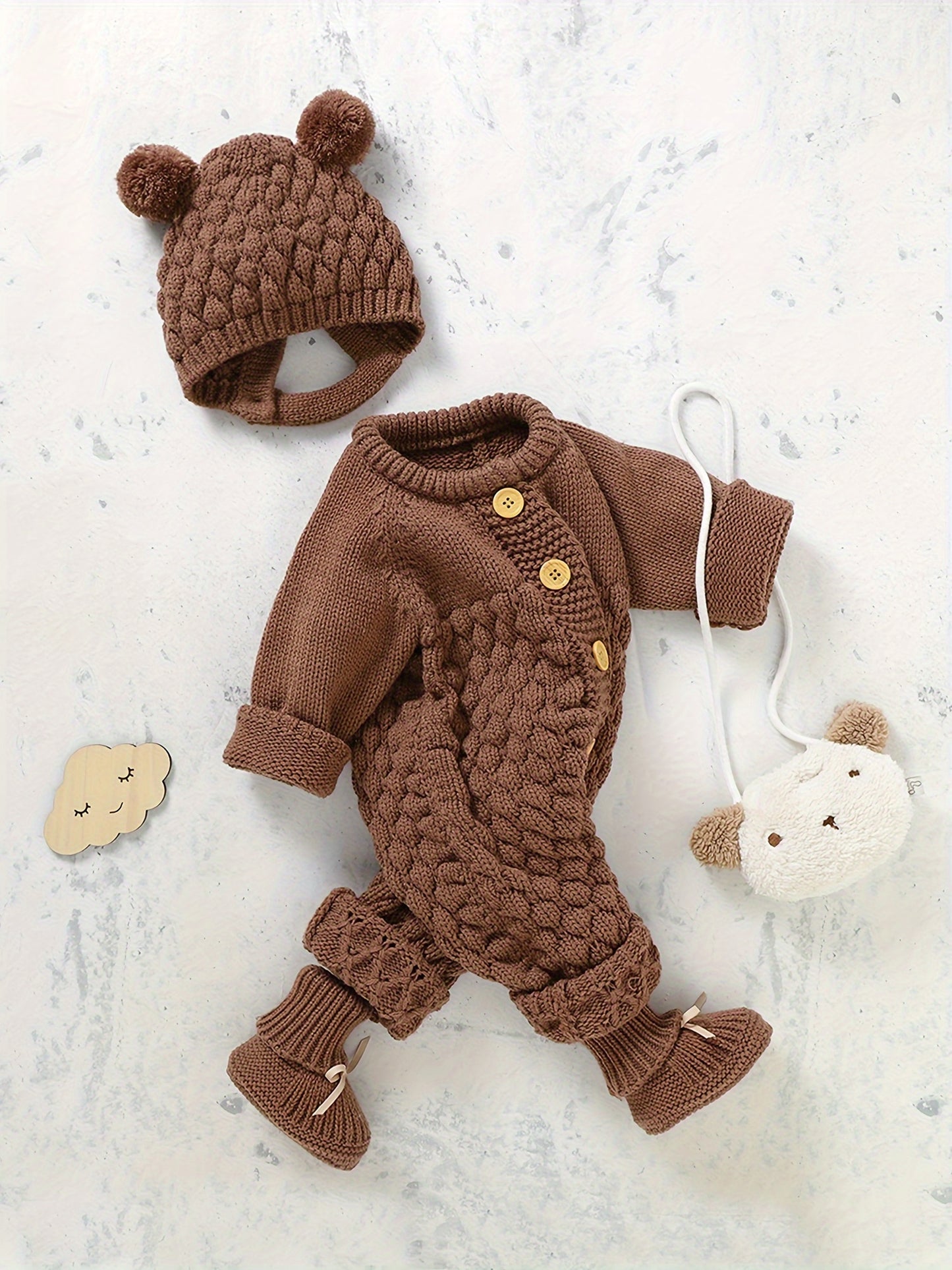 Infant Baby Winter Knit Romper Bear Hat 2pc Set Long Sleeve