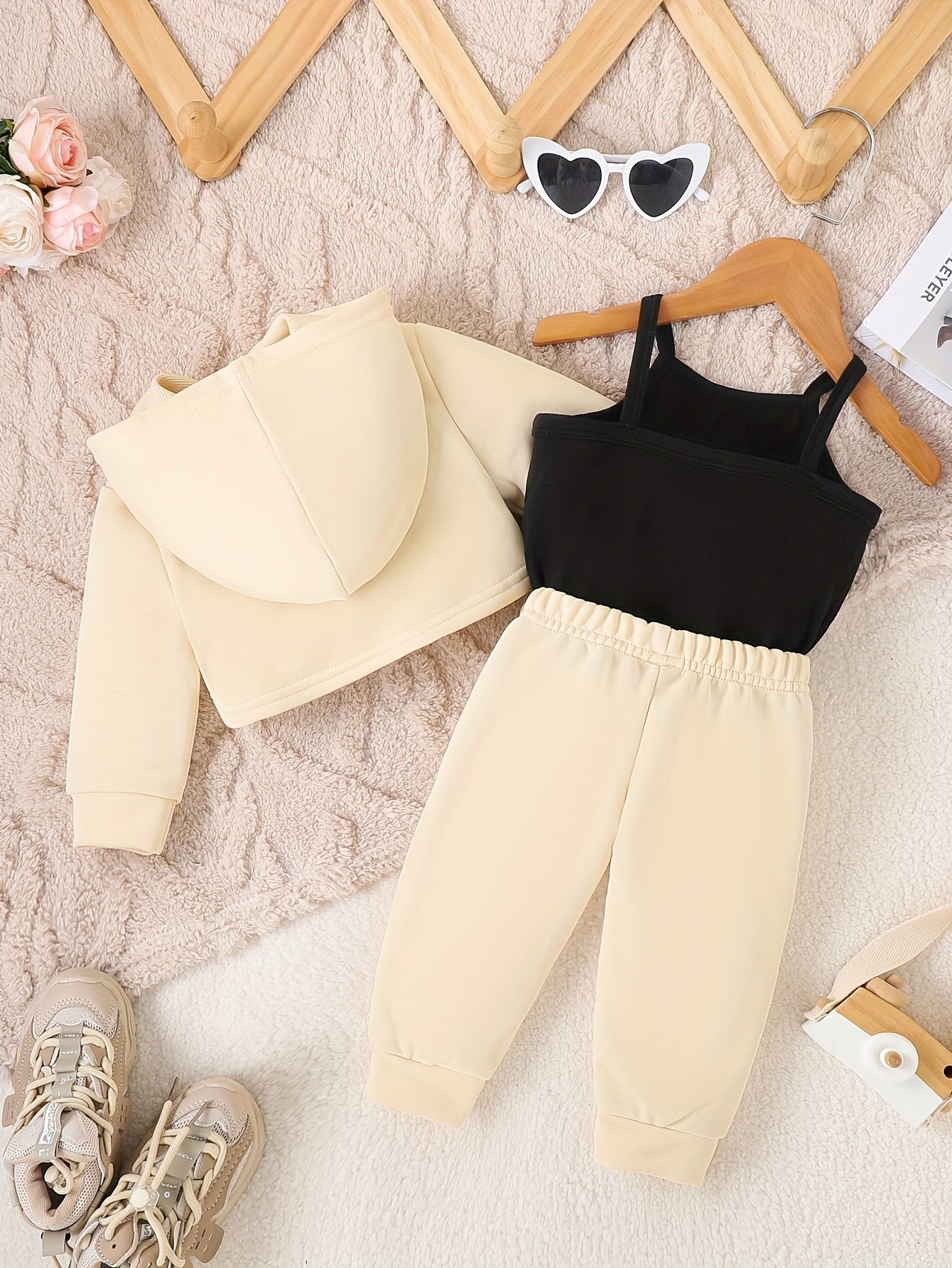 3PCS Baby Girl's Daddy's Mini Print Hoodie Cami Top Casual Pants Outdoor Set for Fall Winter