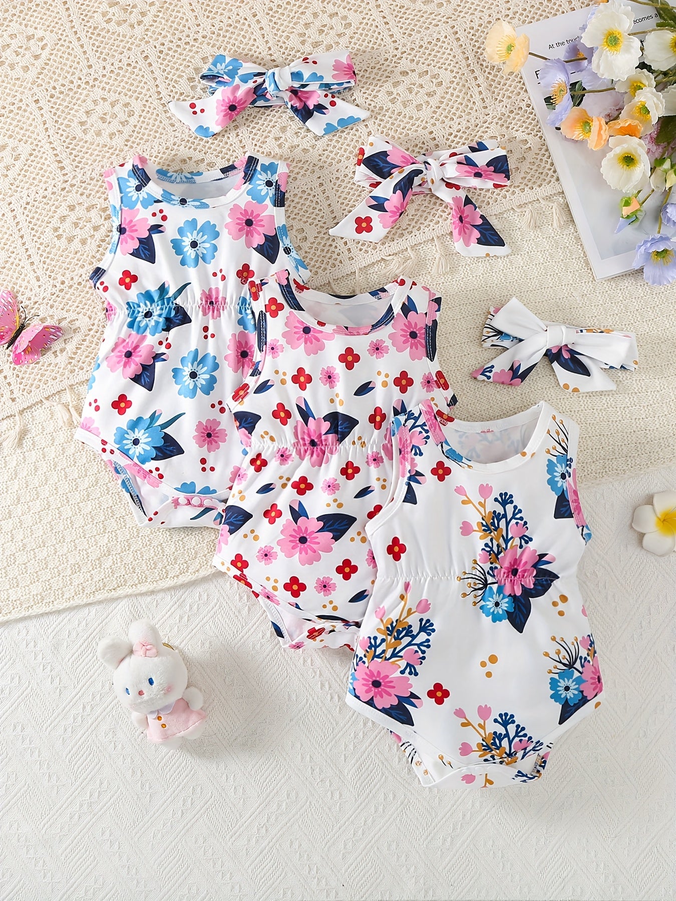 Floral Print Infant Romper 6 Piece Set With Headbands