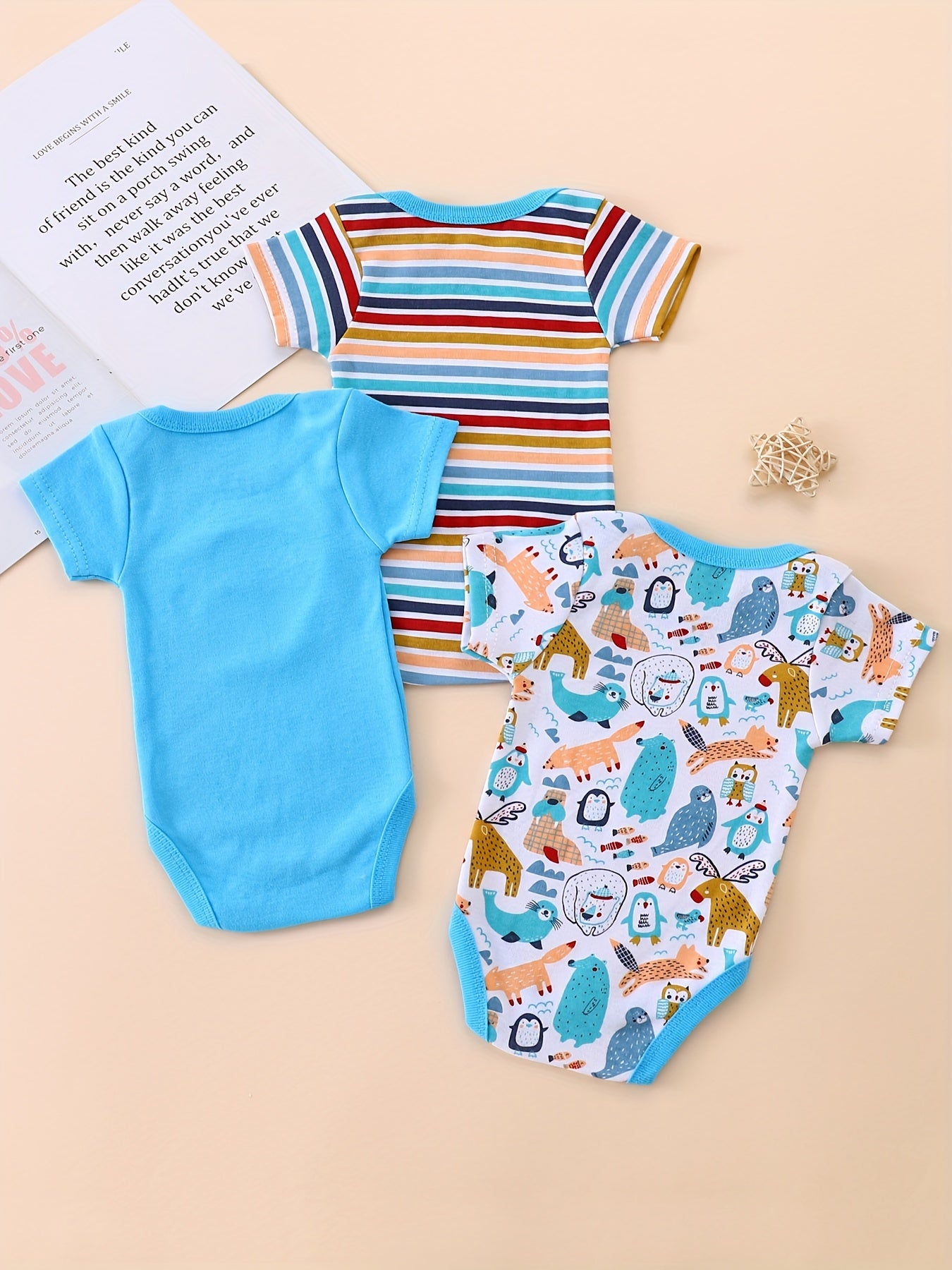 3pcs Toddler Boys' Short Sleeve Romper Set - Cute Lion Animal Print, Blue & White, Cotton, Round Neck, Summer Outfit with "LOVE" & "THANKS" Embroidery, Perfect for Spring/Summer, Clothes for Youngster, for Outdoor, Perfect fo