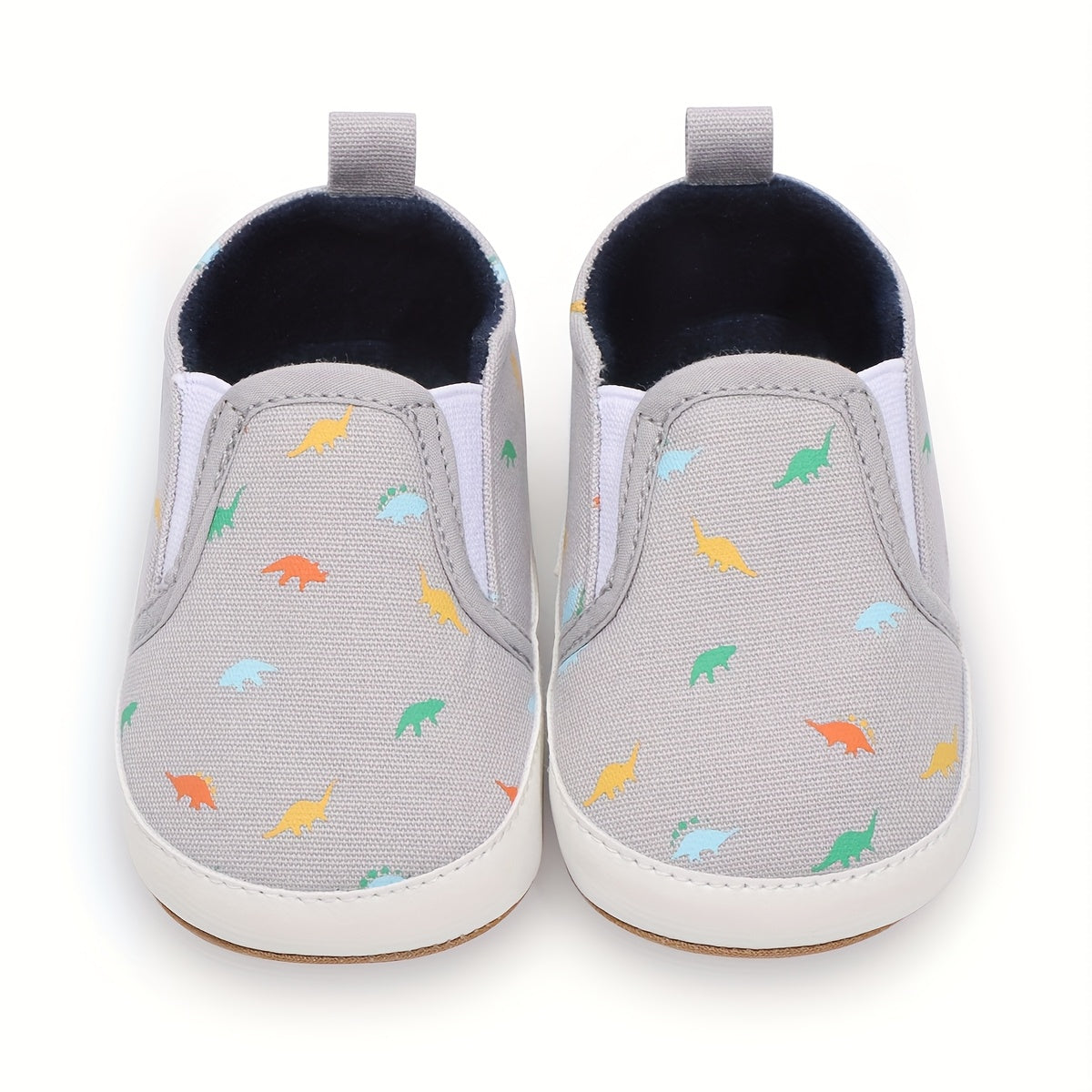 Infant Baby Boys Girls First Walker Sneakers - Soft Anti-Slip Rubber Sole, Slip-On Canvas Shoes with Cartoon Patterns (Navy/Beige/Gray) for Newborn Toddlers 0-18 Months, Breathable Fabric Lined Interior, Casual Baby Footwear