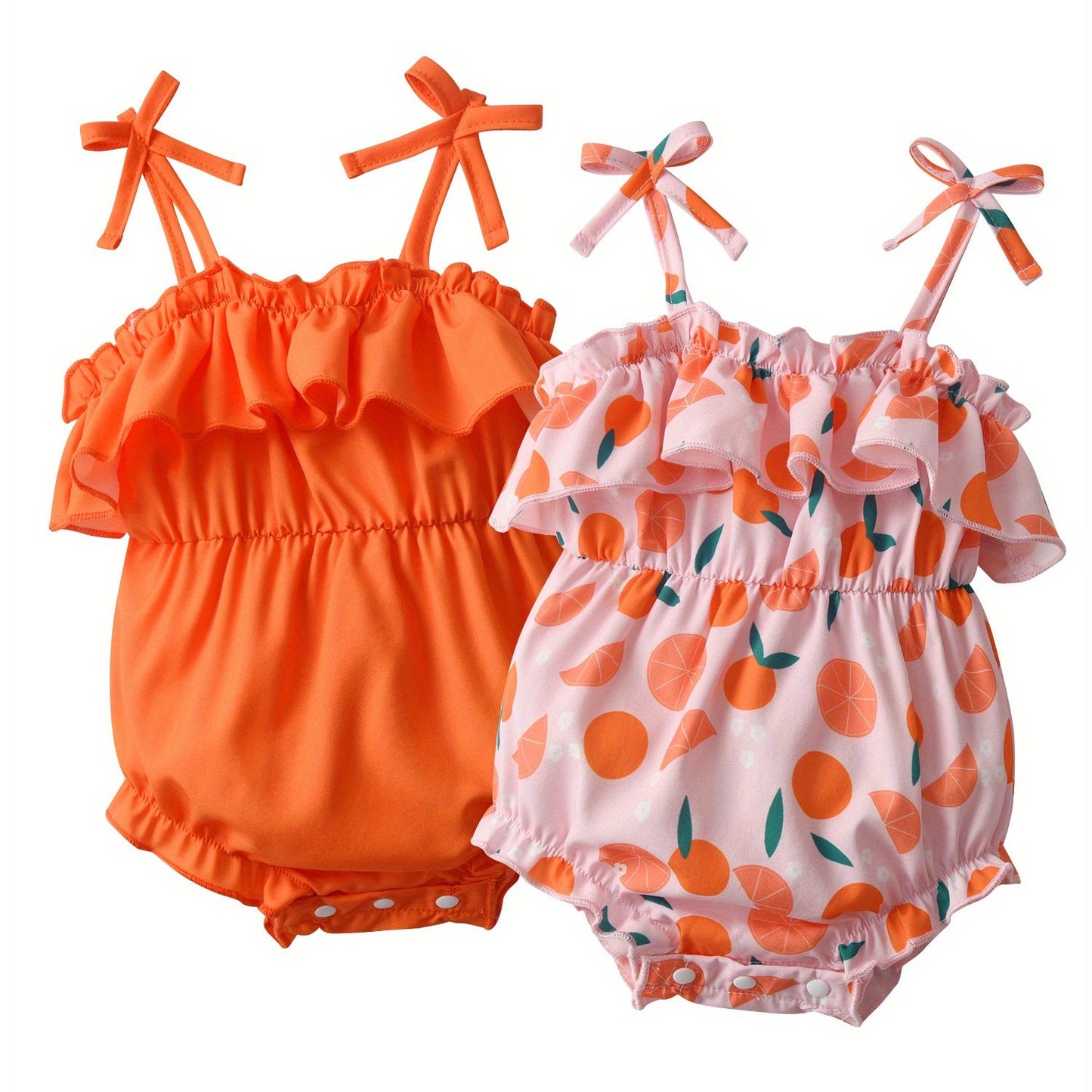 2pcs Newborn Baby Girls Rompers - Sleeveless Ruffled Bodysuits with Orange & Pink Polka Dot & Citrus Fruit Print, Soft Breathable Summer Outfits, Machine Washable Daily Wear, Baby Girl Outfits, Comfortable Infant Clothing, Pl