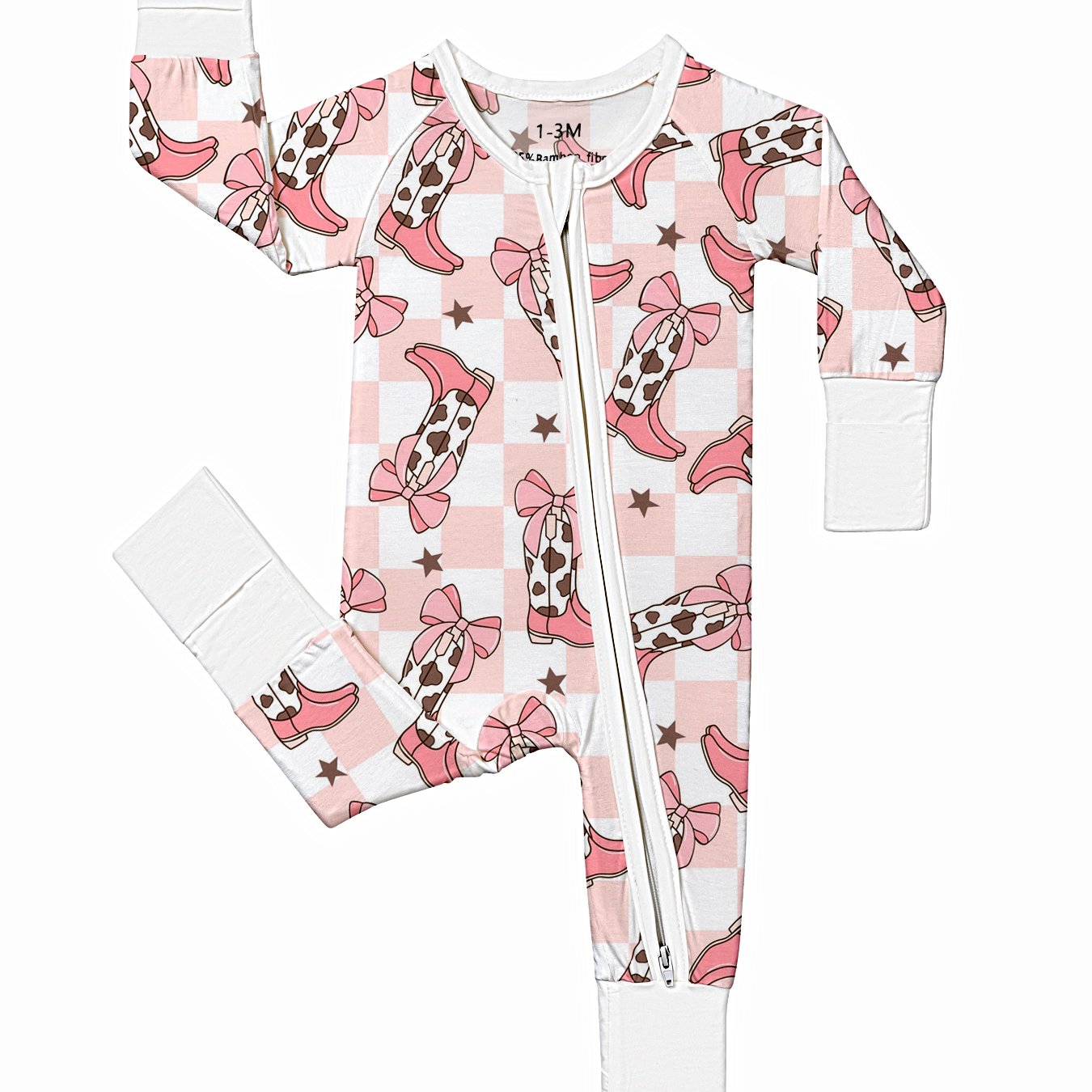 Soft Bamboo Fiber Baby Bodysuit with Pink Boots Western Style Print, Double-Sided Zipper, and Matching Pants - Casual, All-Season, Machine Washable - Adorable Green & White Design for Infants, Bamboo Baby Clothing, Perfect fo