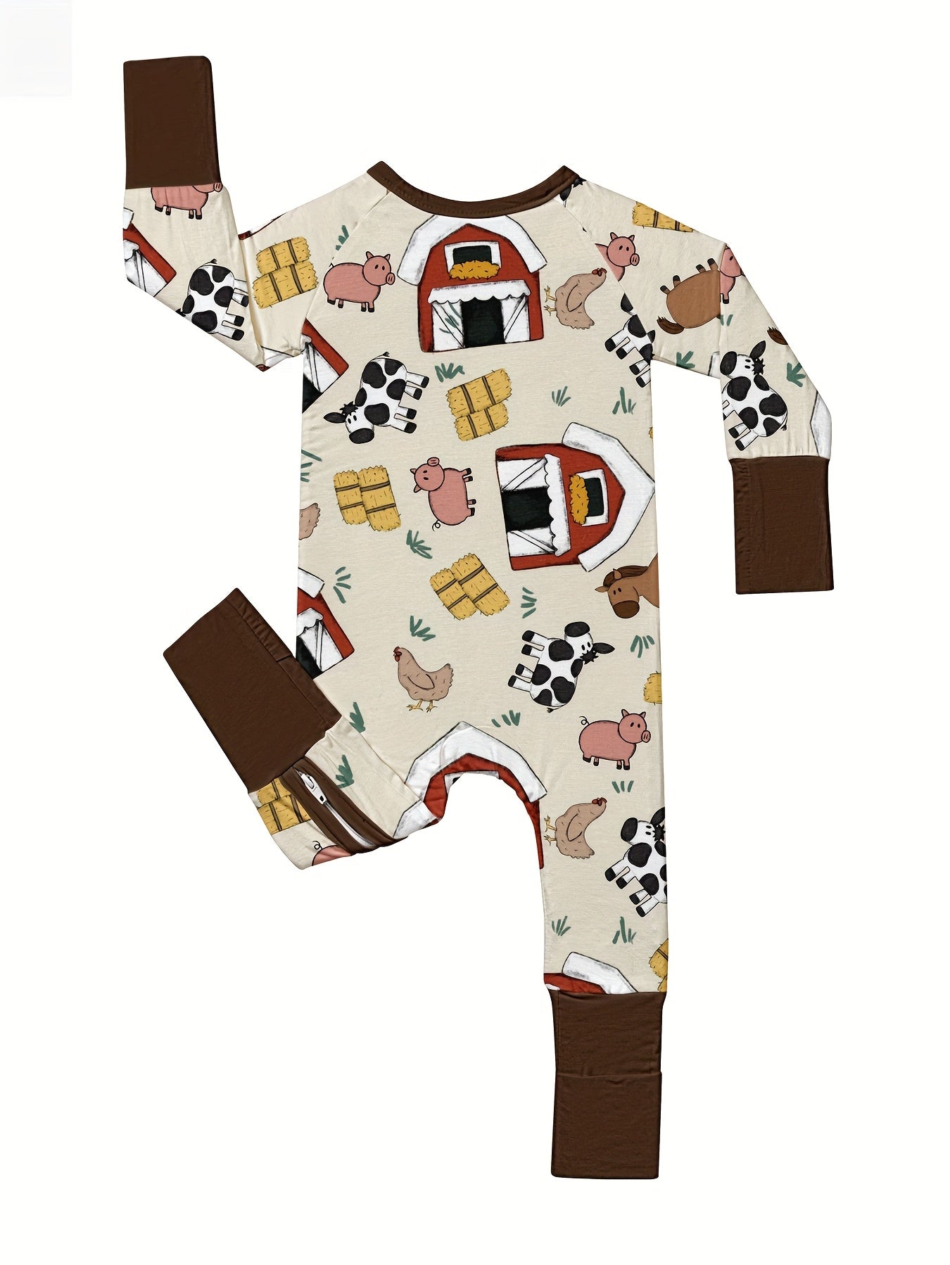 [Bamboo | Soft] Soft Bamboo Fiber Youngsters Romper | Long Sleeve, Zipper Closure, Anti-Grip Feet & Mitten Cuffs | Machine Washable, All-Season Comfort, Cartoon Farm Prints, Safe Youngsters, Bamboo Youngsters Clothes