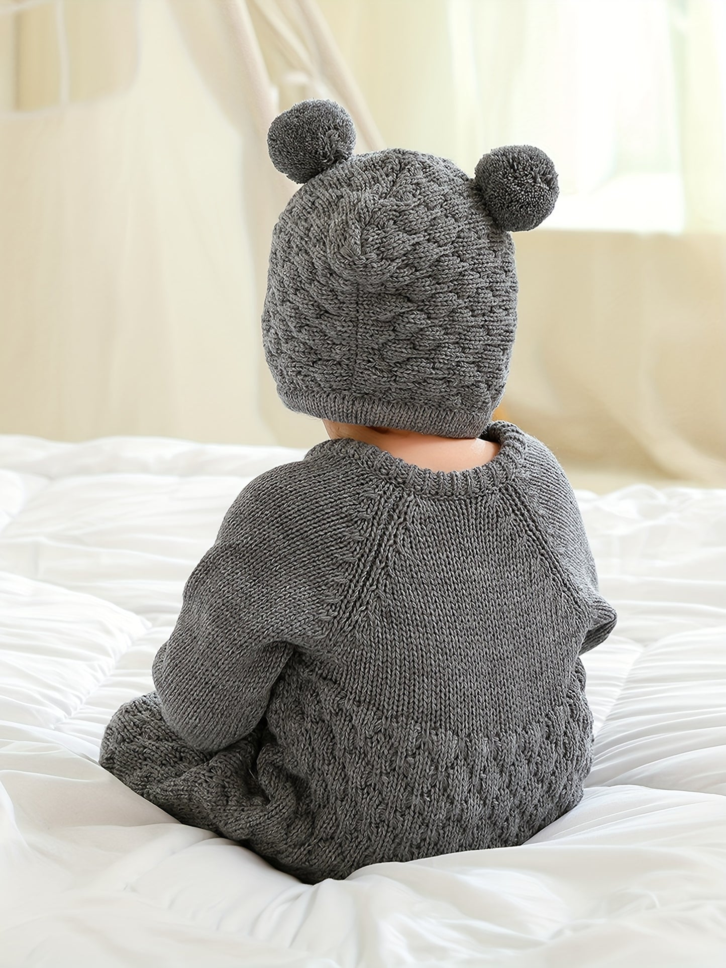 Infant Baby Winter Knit Romper Bear Hat 2pc Set Long Sleeve