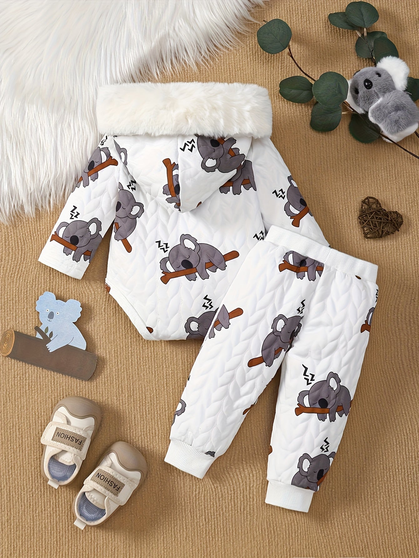 3 Piece Newborn Boy Winter Hooded Koala Print Bodysuit Set
